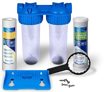 Dual Whole House Water Filter System, Transparent Standard Housings, Presser Relief Button, 3/4 Inlet/Outlet Brass Port, 5 Micron Sediment & Carbon Cartridges Meets NSF Standards & Regulations