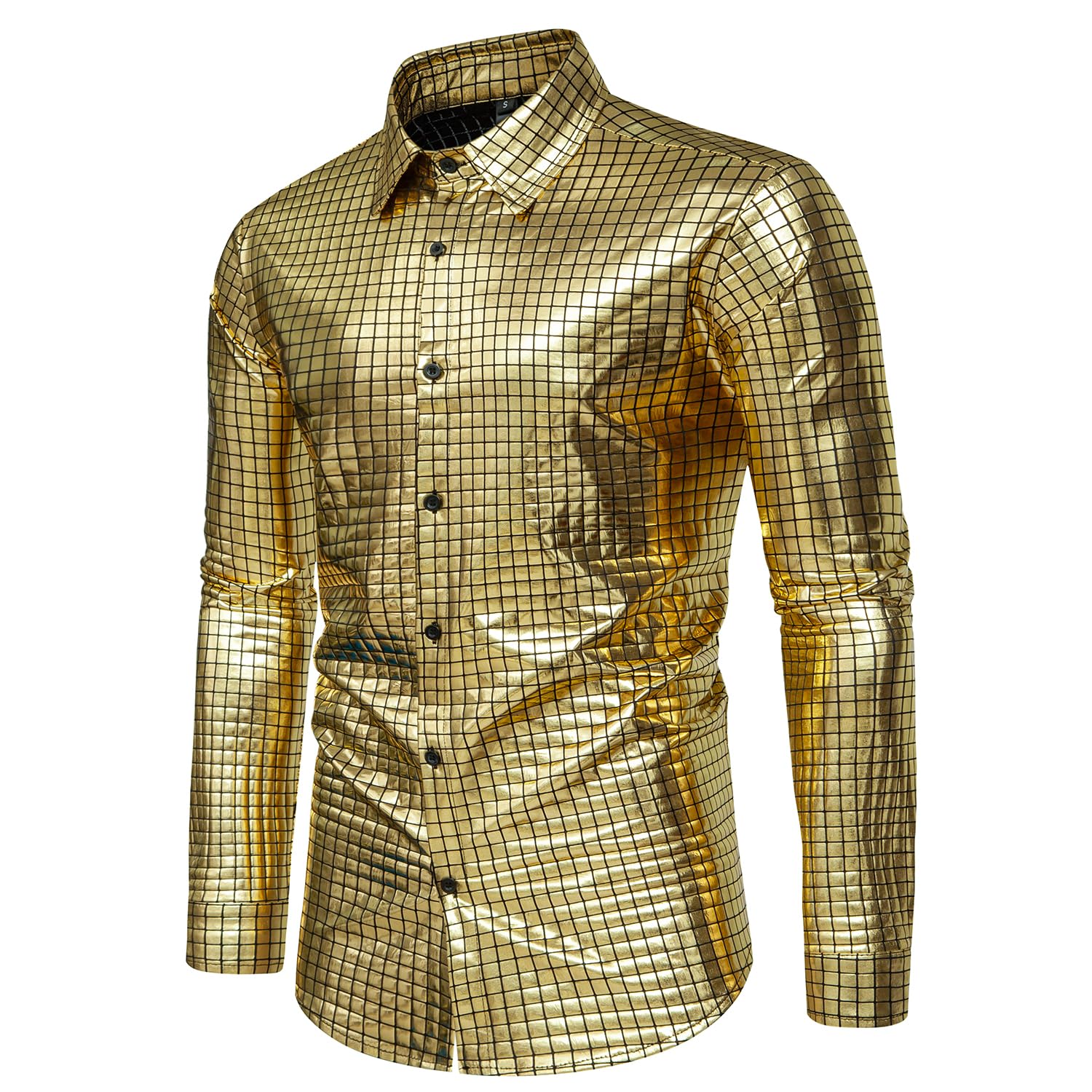 NewL Camisa de manga larga a cuadros metálicos para hombre, color negro, formal, para bodas, actuaciones, noche
