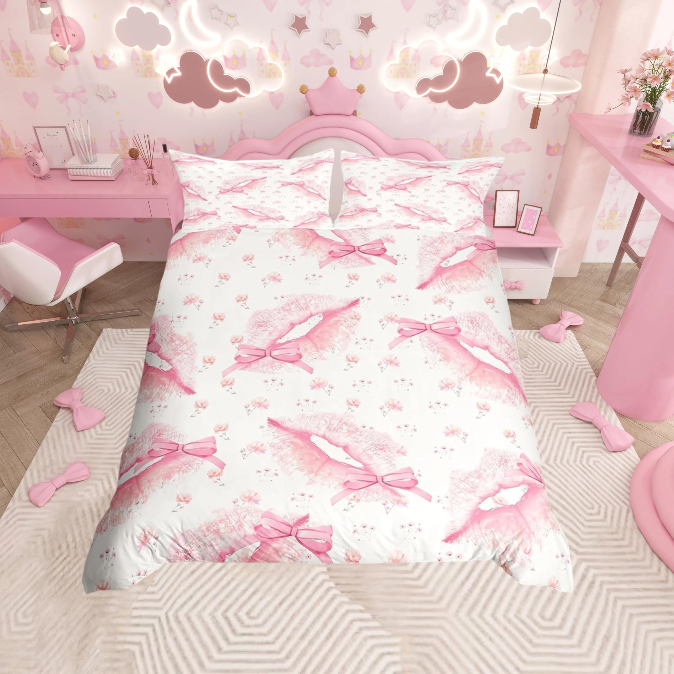 Homemissing Kiss Lipstick Print Duvet Cover Set Super King Size For Kids Girls Women Pink Bowknot Bedding Set Dreamy Princess Style Comforter Cover with 2 Pillowcases Sexy Mouth Decor Beds Set — image 1