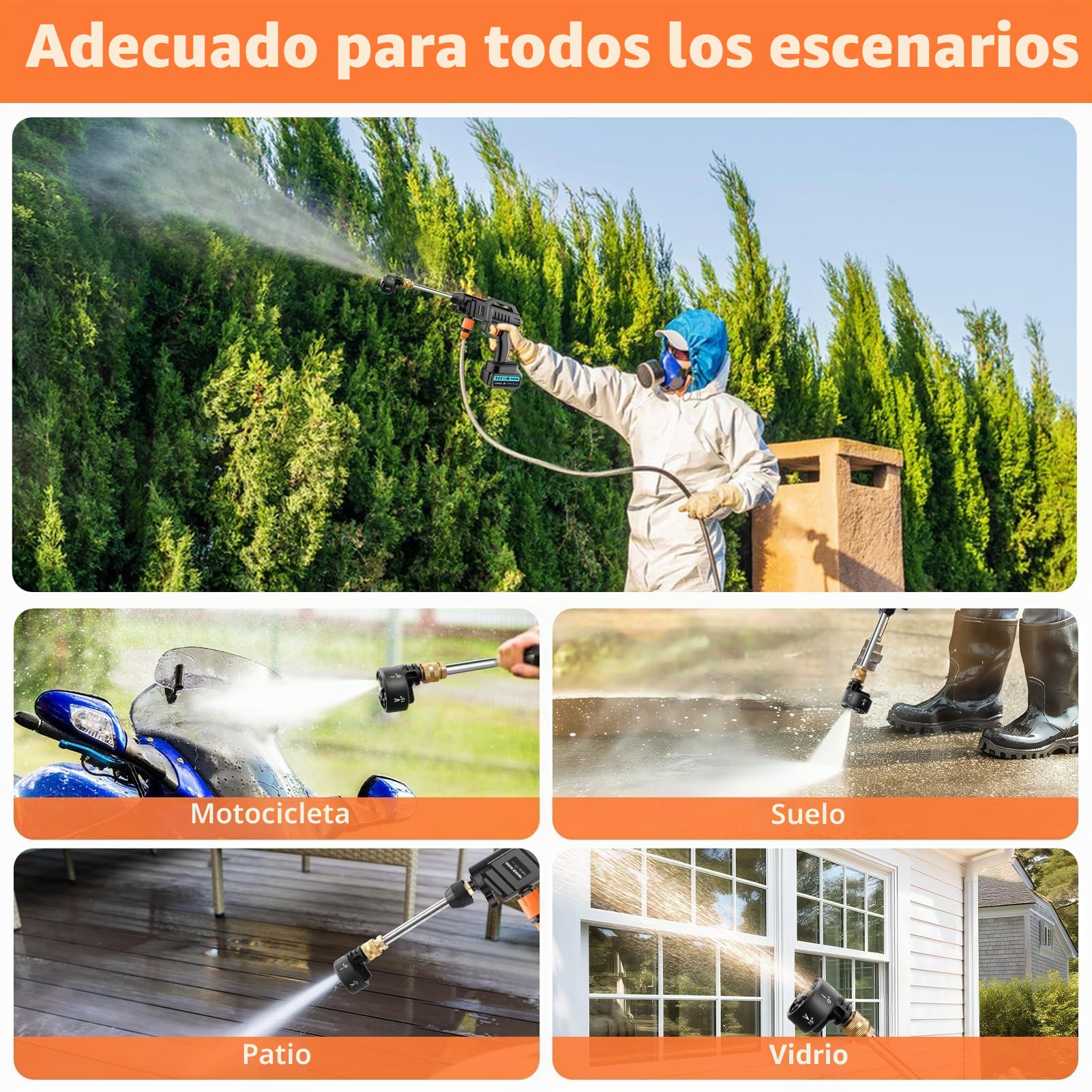 Hidrolimpiadora inalámbrica, hidrolimpiadora portátil inalámbrica de 21V 62Bar, hidrolimpiadora con 2 baterías, Boquilla multifunción 6 en 1, Manguera de 5 m, depósito con Filtro, para Coche y Patio