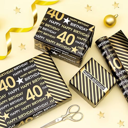 Miniatura 2 de RUSPEPA Rollo de papel de regalo reversible, mini rollo, patrón negro y dorado para cumpleaños de 40 años, ideal para cumpleaños, fiestas, baby