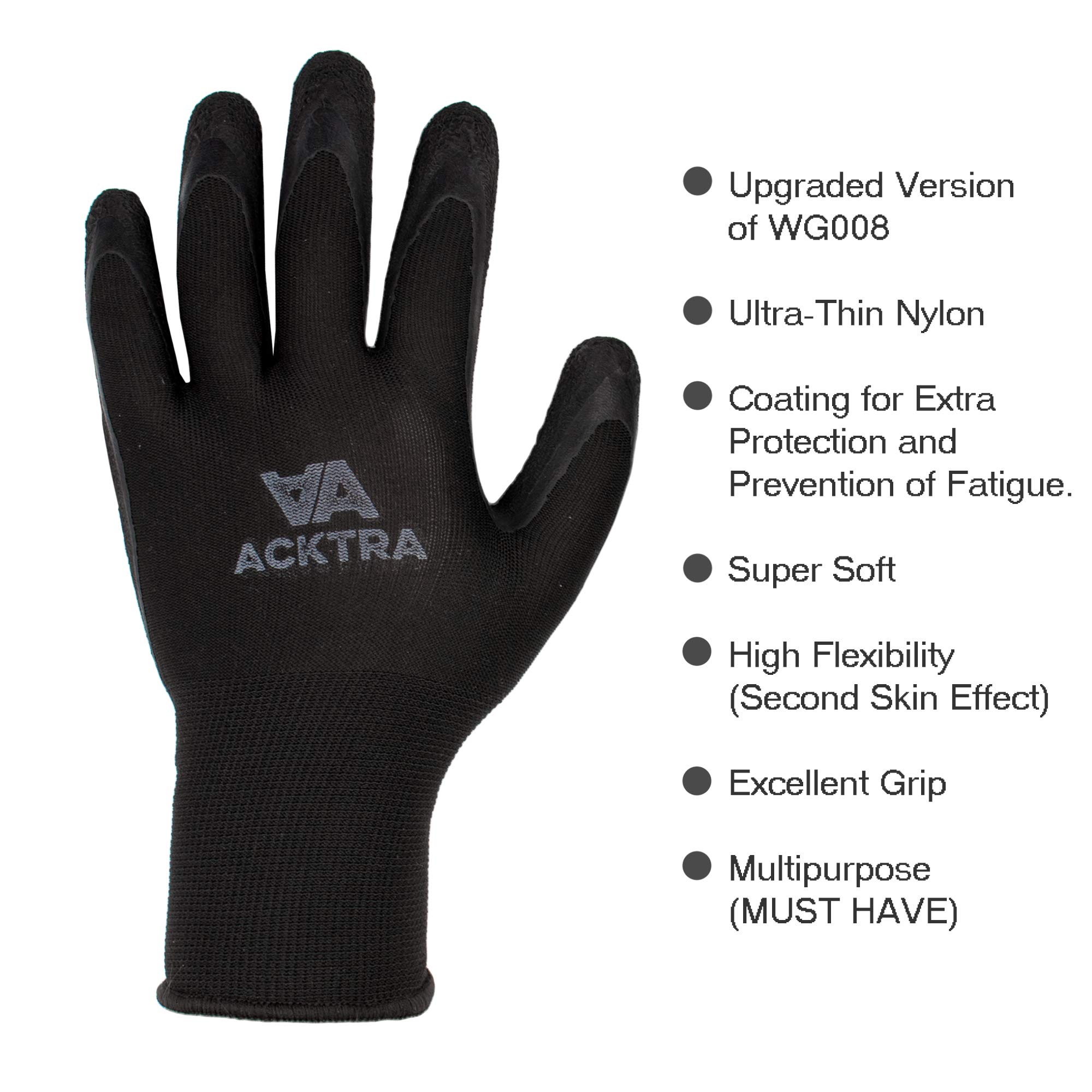ACKTRA Guantes de trabajo de seguridad de nailon recubierto, 12 pares, puño de muñeca de punto, multiusos, para hombres y mujeres, WG009 poliéster negro, látex negro, XL