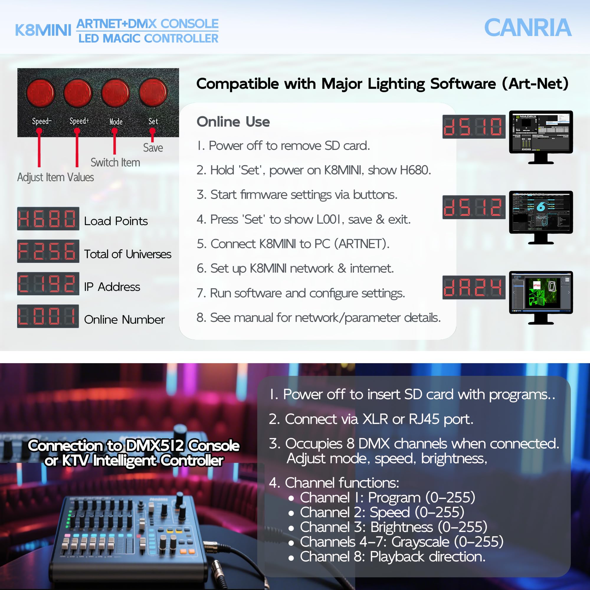 K8MINI ARTNET+DMX Konsole LED Pixel Controller, für SPI-TTL LED Licht, Online Offline, Adressierbar Programmierbar, 2G SD Karte mit 96 Programmmodi und Offline Software