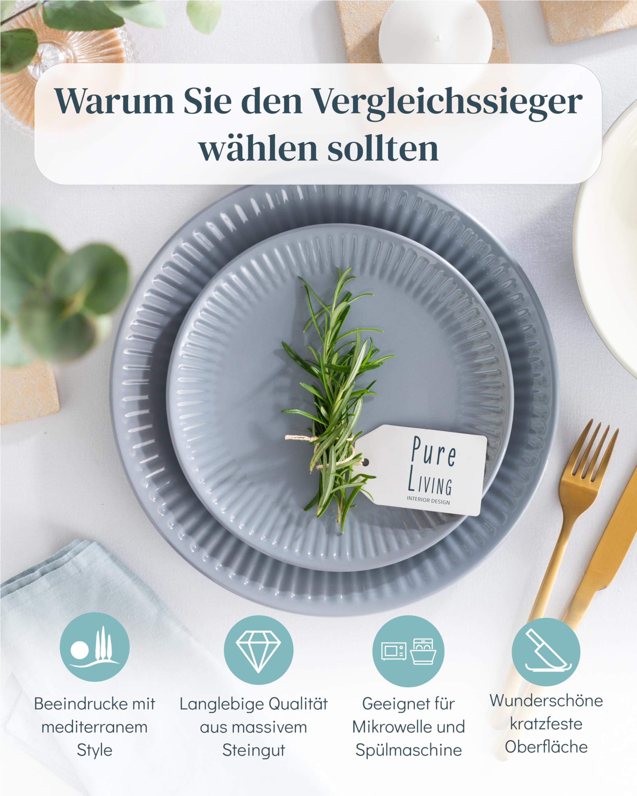 Hygge Geschirrset 24 tlg. für 6 Personen — Skandinavisches Steingut Tafelservice mit Riffelstruktur, Spülmaschinenfest, Mikrowellengeeignet, Komplett-Set in Graublau (PURE LIVING)