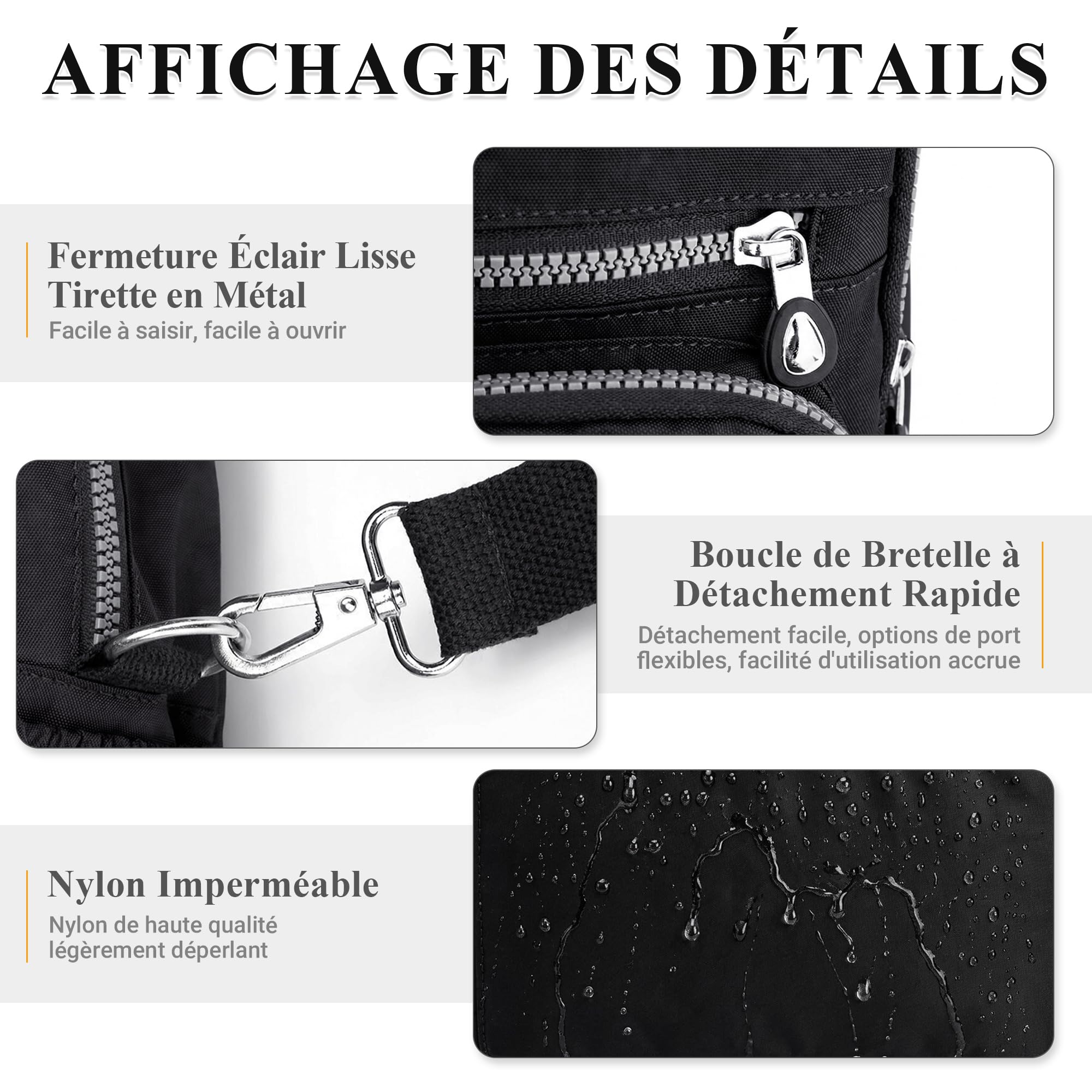 DIRRONA Sac à Bandoulière Sac à Dos Femme Mode Sac Femme Léger Voyager Sac Bandoulière Imperméable Multi Poches Nylon Sac à Main Femmes Du Quotidien Décontracté Sac Noir