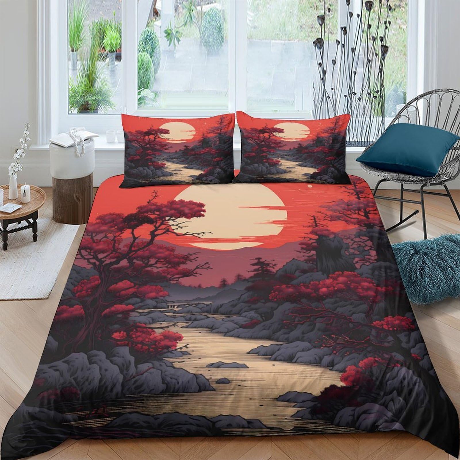 Ctjqhvkz Style-10 3D Printed Red Sunset Landscape Fitted Sheet Microfiber Soft Breathable Japanese Art Bed Cover For Bedroom Dorm Mattress Decor Single（135X200cm）