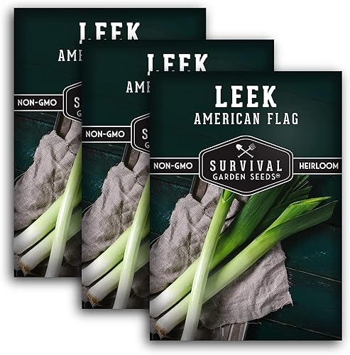 Survival Garden Seeds - Semilla de puerro grande con bandera estadounidense para plantar - 3 paquetes con instrucciones para plantar y cultivar