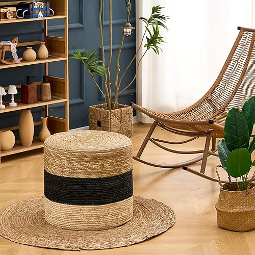 Miniatura 52 de Wimarsbon Puf otomano de 18 pulgadas, puf trenzado natural, puf rústico de tejido a mano, taburete reposapiés bohemio para dormitorio, mesa Cáscara
