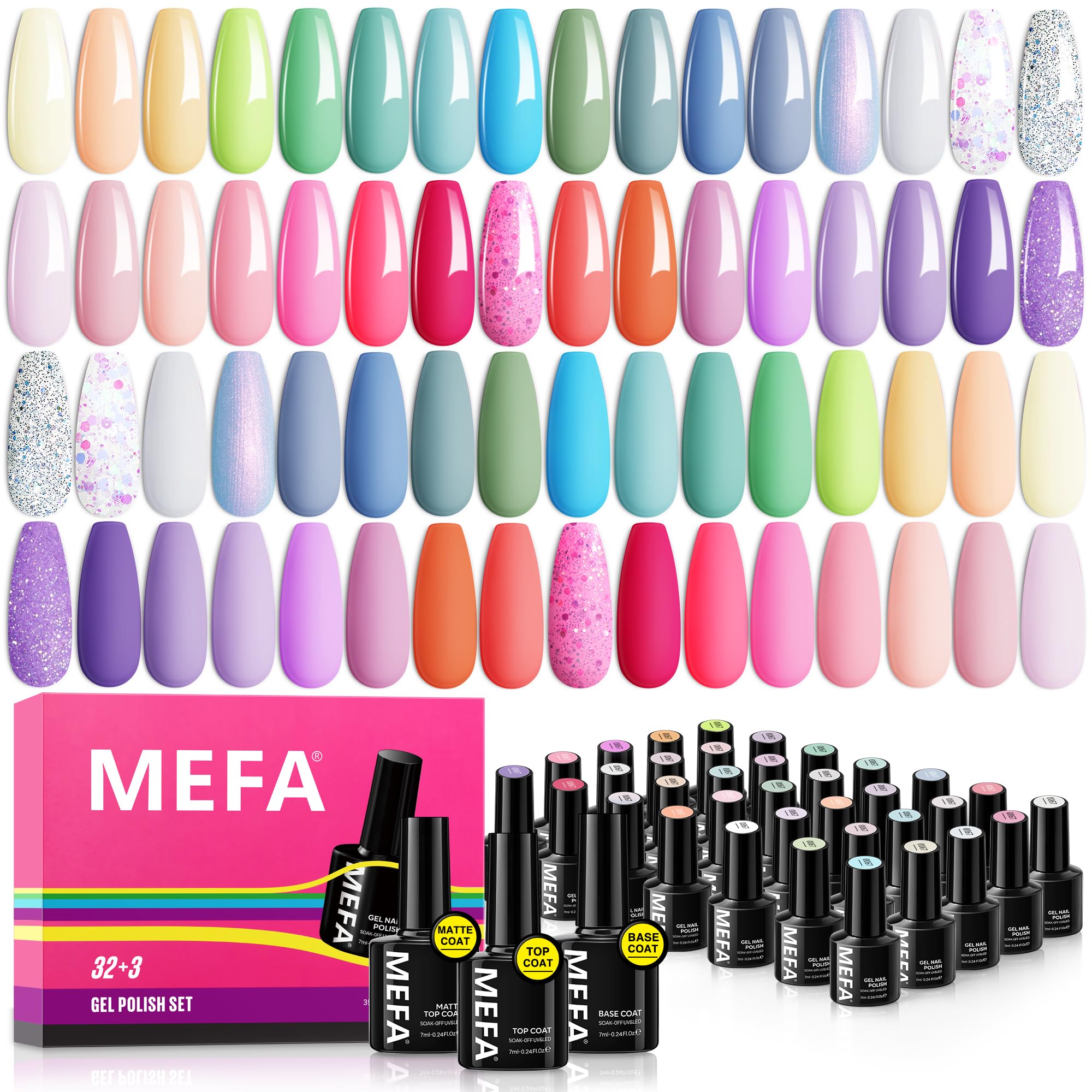 MEFA 35 Pcs Pastel Gel Nail Polish Set, 32 Colors Spring Collection Gel Nail Polish Kit Macaron Pink Green Nail Art Manicure DIY Home Decoration Beginners Gifts for Women Girls