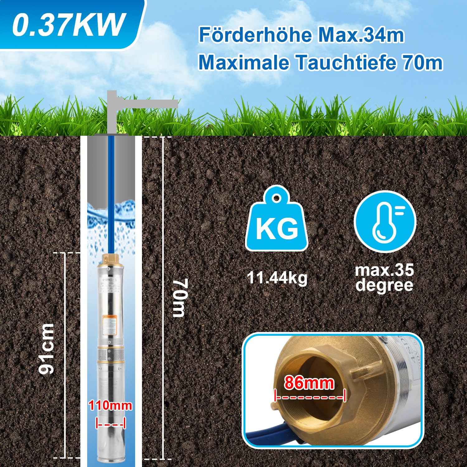 Pompe de puits profond 370 W 4000 l/h Pompe de puits 693 mm Pompe à eau en acier inoxydable Pression 3,4 bar Hauteur de refoulement max. 34 m max. 35 °C pour puits de 4" ou plus Argent