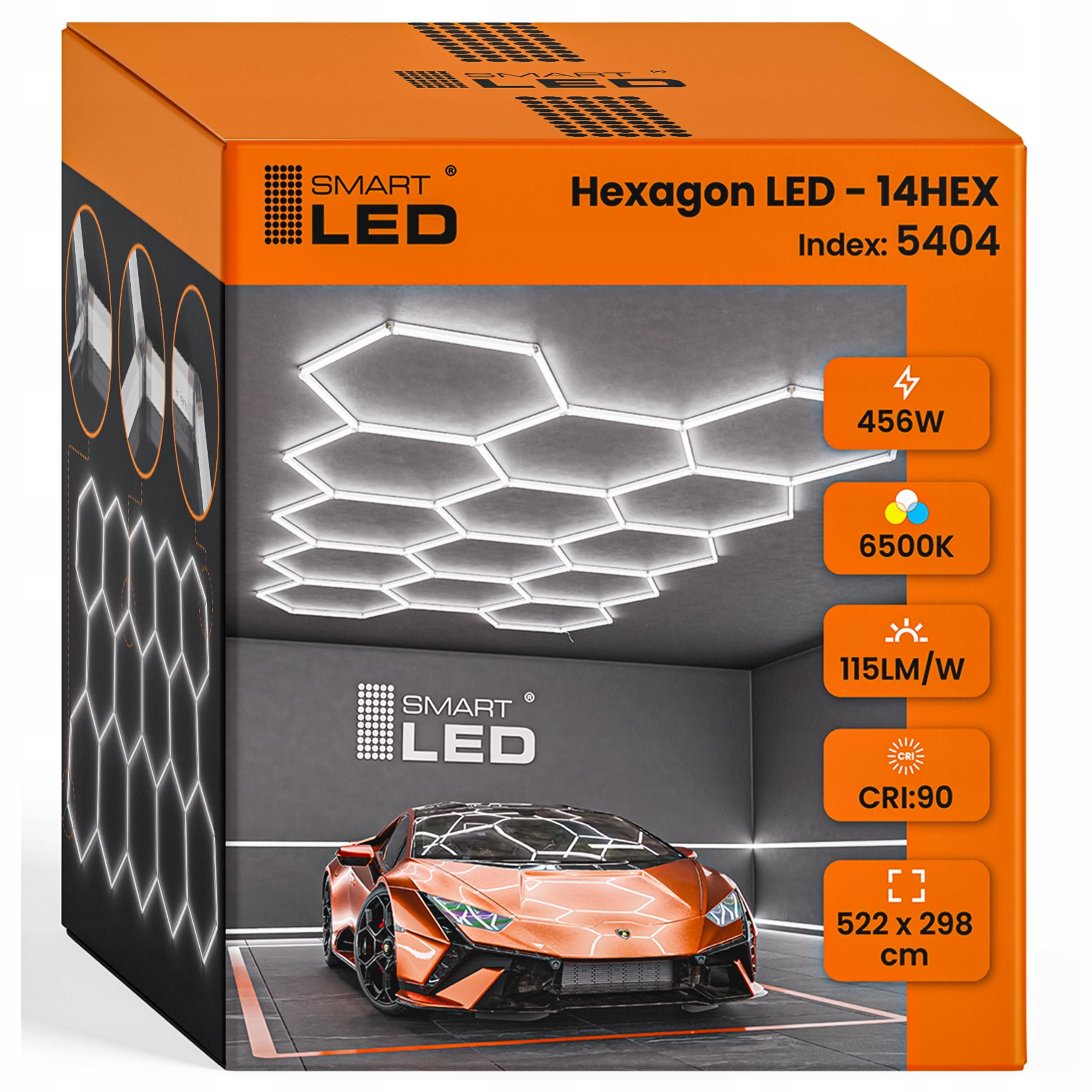 Garagenlampe Hexagon LED 522x298 cm – 14er Set Werkstattbeleuchtung 456W 6500K Kaltweiß – 115LM/W – IP54 – Flimmerfrei – CRI>90 – LED Panel Lichtsystem für Garage, Studio, Detailing, Büro