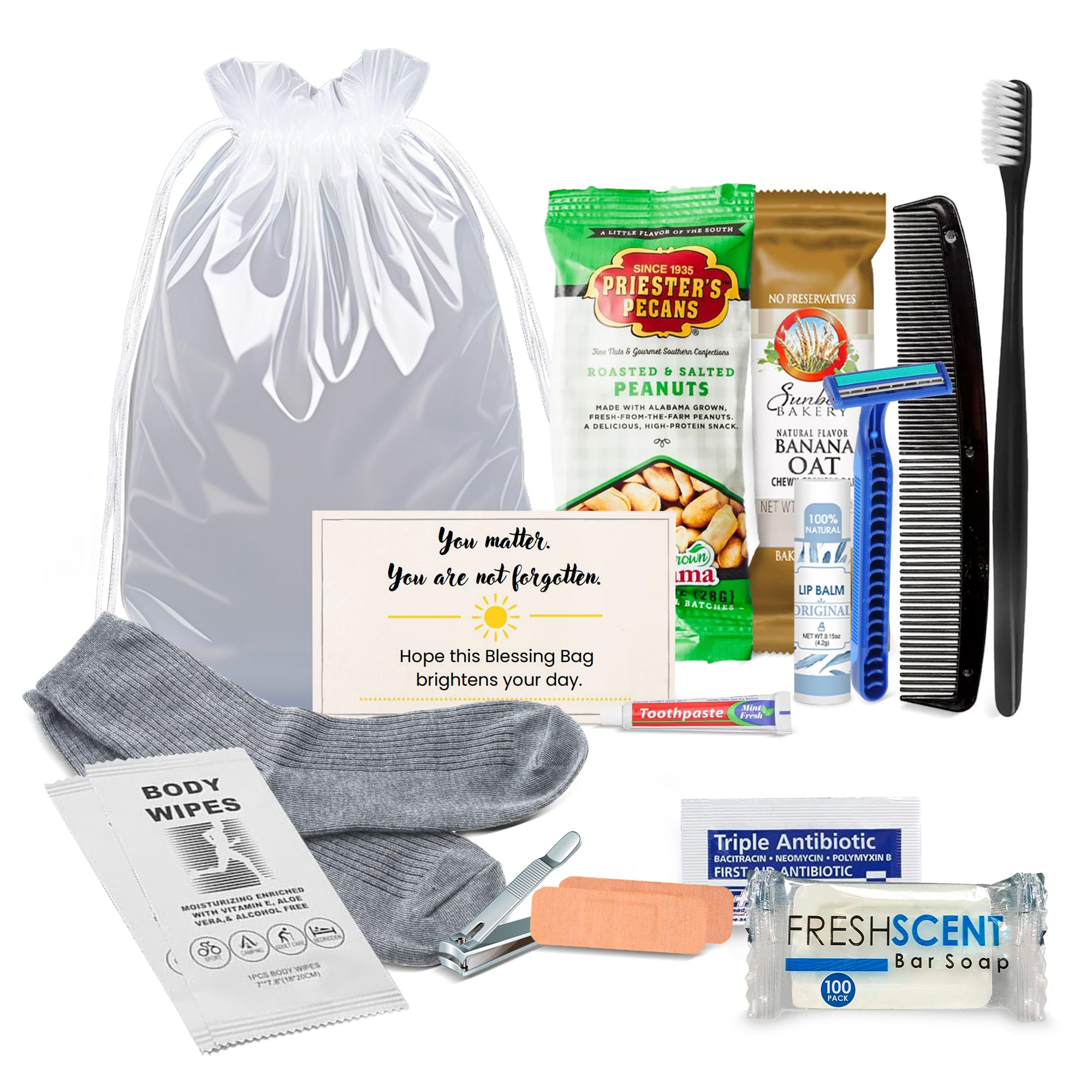 Homeless Care Package Hygiene Kits with Food, Socks and Personal Care Items