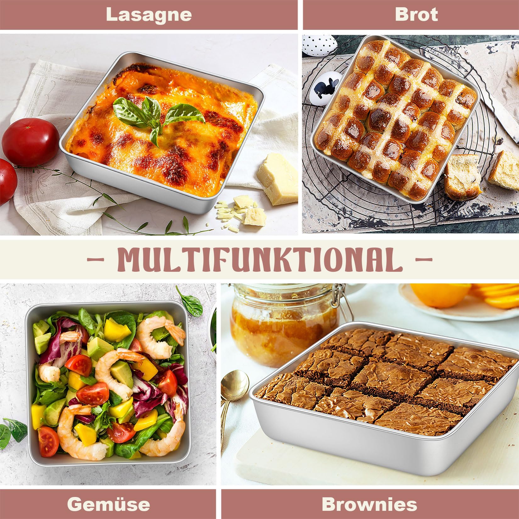Onader Teglia quadrata per torte in acciaio inox, set da 2, 20 x 20 x 5 cm, perfetta per brownie, lasagne, torte, atossiche e lavabili in lavastoviglie