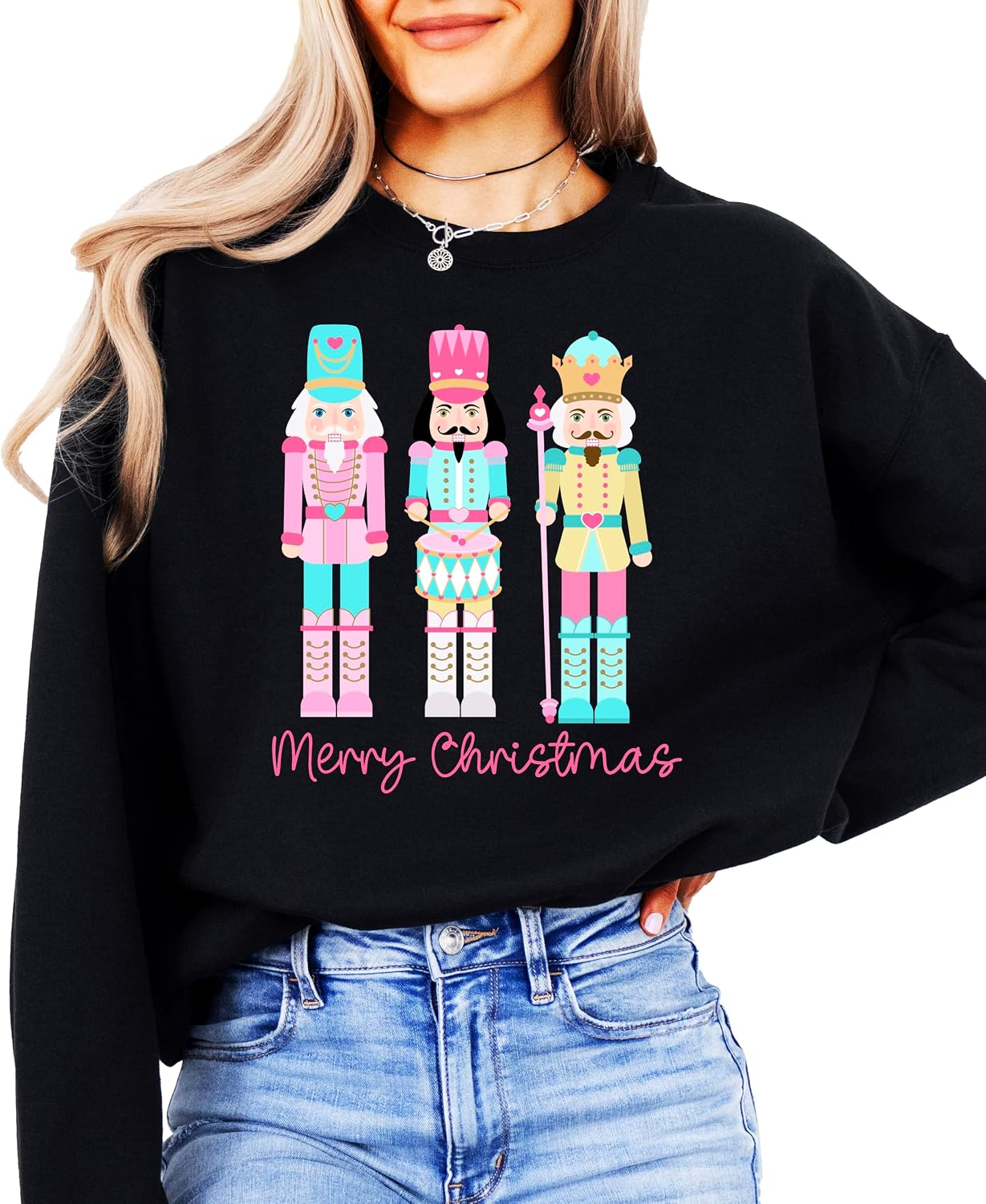Olive Loves Apple Pastel Nutcracker Girly Merry Christmas Sweatshirt for Women Teens and Kids Holiday Pullover