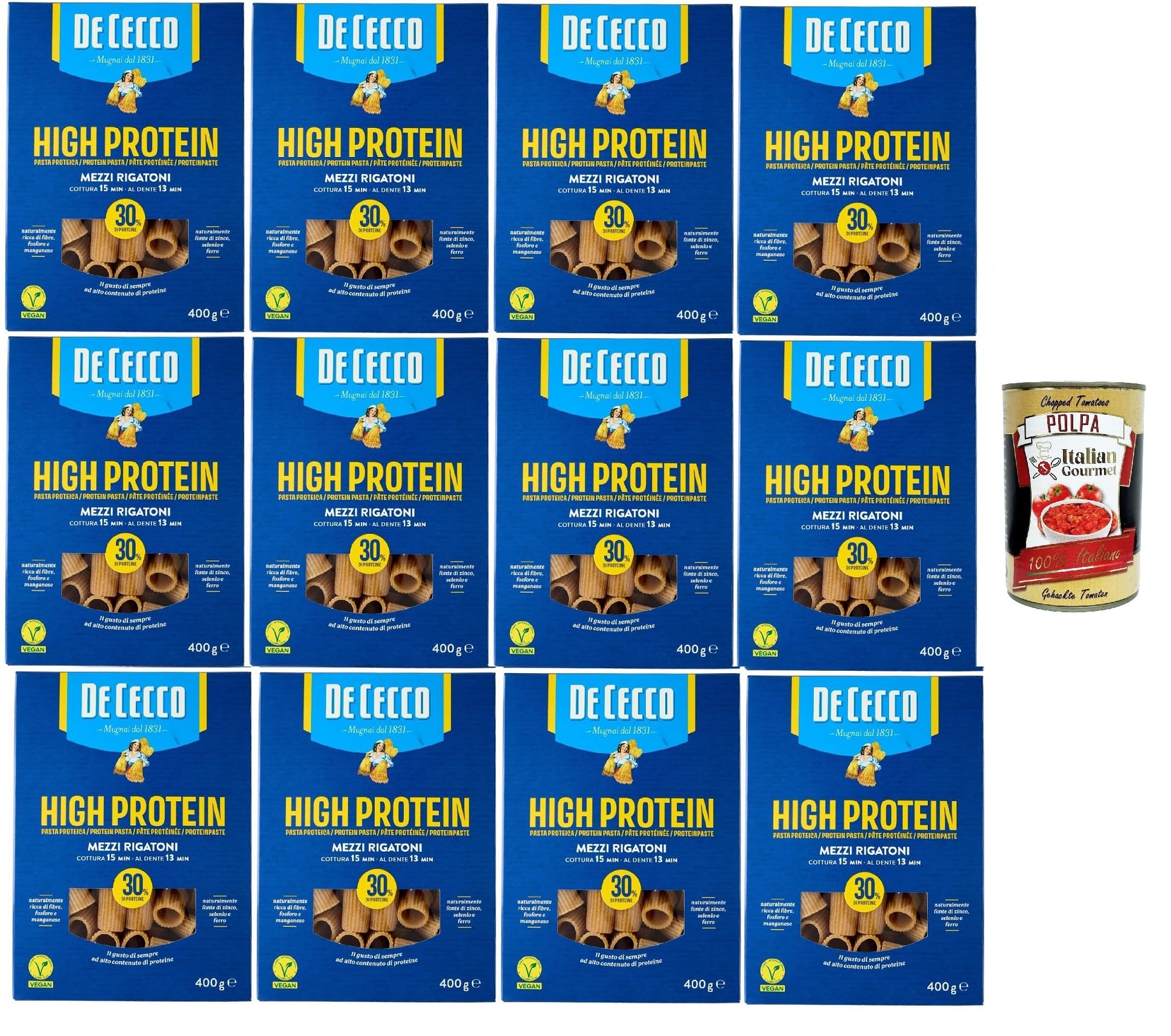 Italian Gourmet Pasta Mezzi rigatoni Nr. 26 proteici proteinreich 12 x 400g | Aus 100% italienischem Hartweizen / con semola italiana, al dente, Gesamtnettogewicht 4,8 kg + Kostenlos Polpa 400g