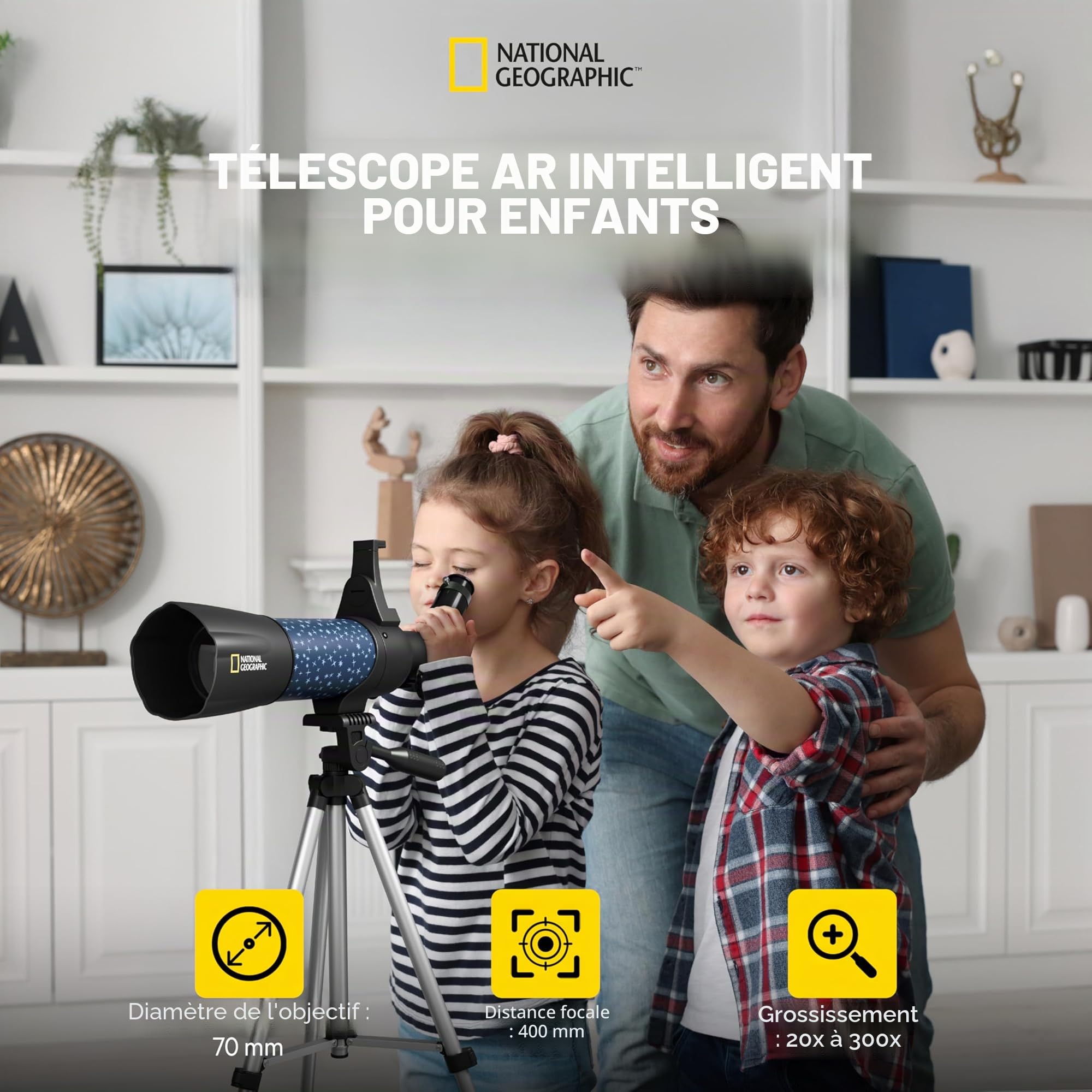 National Geographic Télescope Intelligent AR pour Enfant avec trépied, Sac à Dos, Support pour Smartphone et Application de réalité augmentée