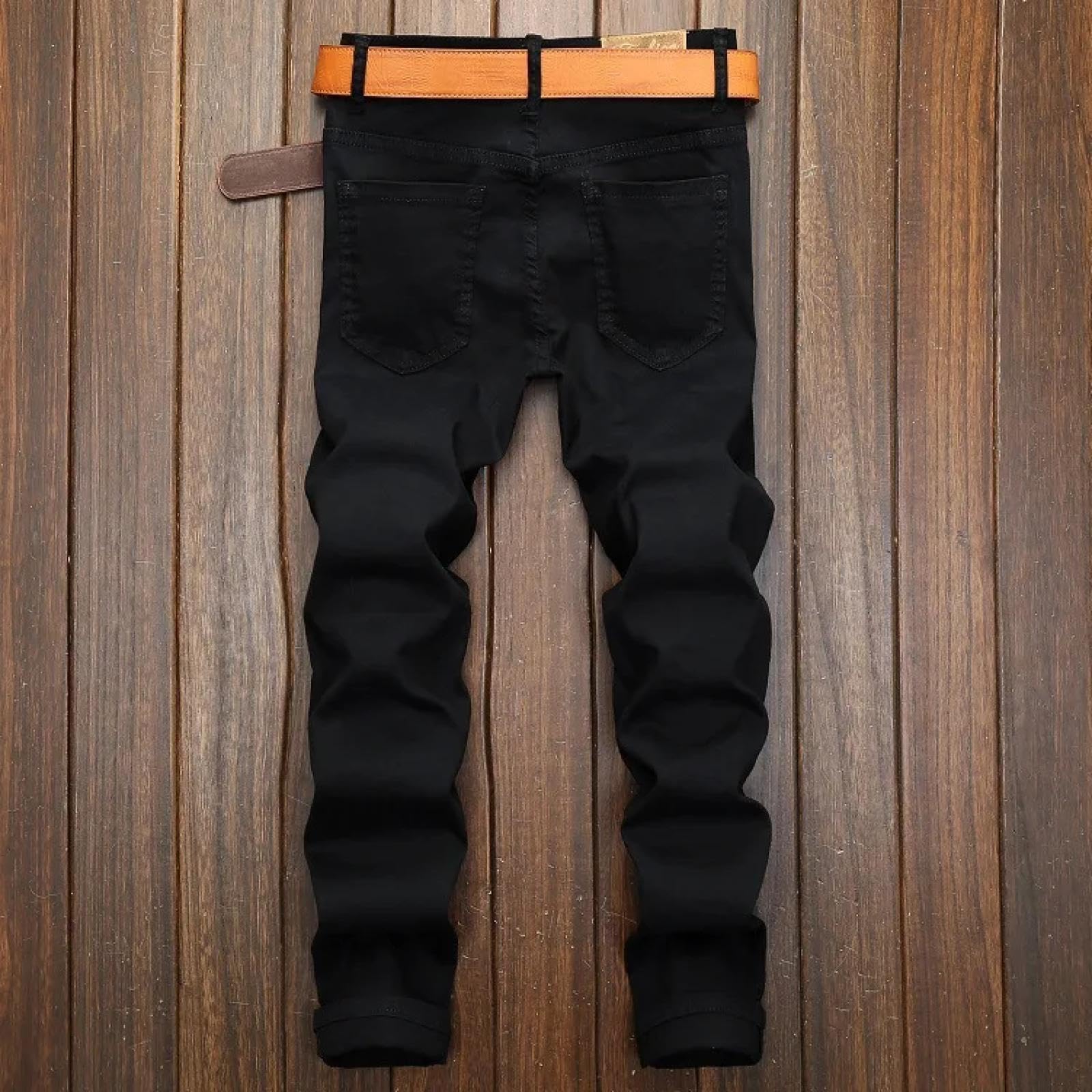 Jeans Pantalon Herren Leder Knielange Jeans Mit Reißverschluss Schwarze Stretch-Gerade Slim Fit Legere Trendige Jeanshosen Männer