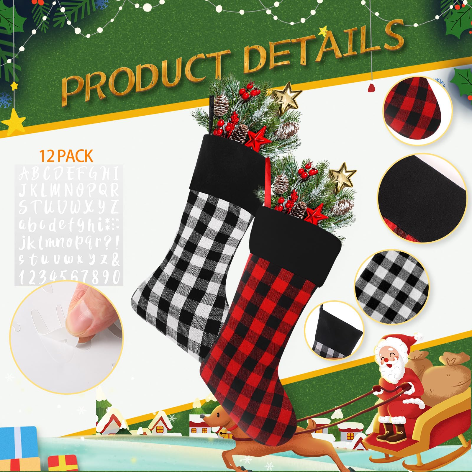 Tatuo Lot de 6 chaussettes de Noël en toile de jute à suspendre pour décoration d'arbre avec 4 feuilles d'autocollants en vinyle (noir, rouge et blanc)