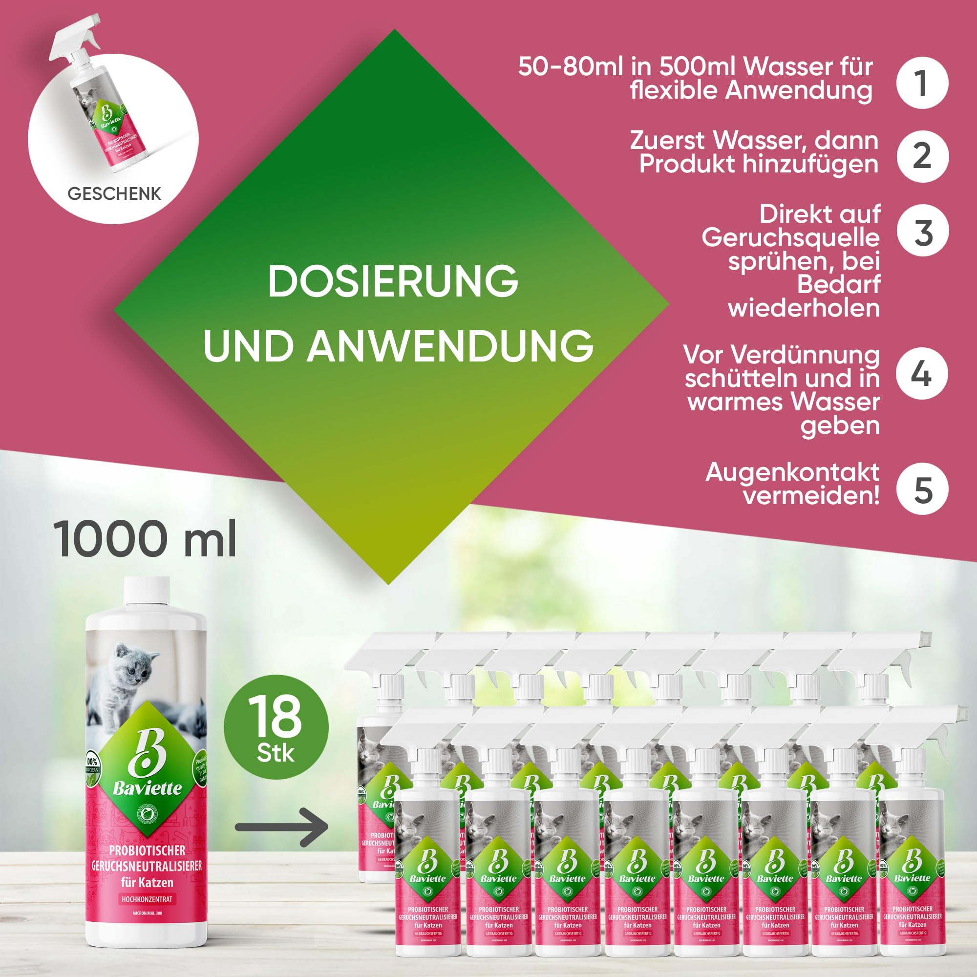 Baviette concentré 1L – Neutralisateur d’odeurs pour foyers avec Chats, à Base de Micro-organismes naturels, biodégradable, sans Chlore, Doux Parfum d’Aloe Vera, pour Tapis, Meubles et litières