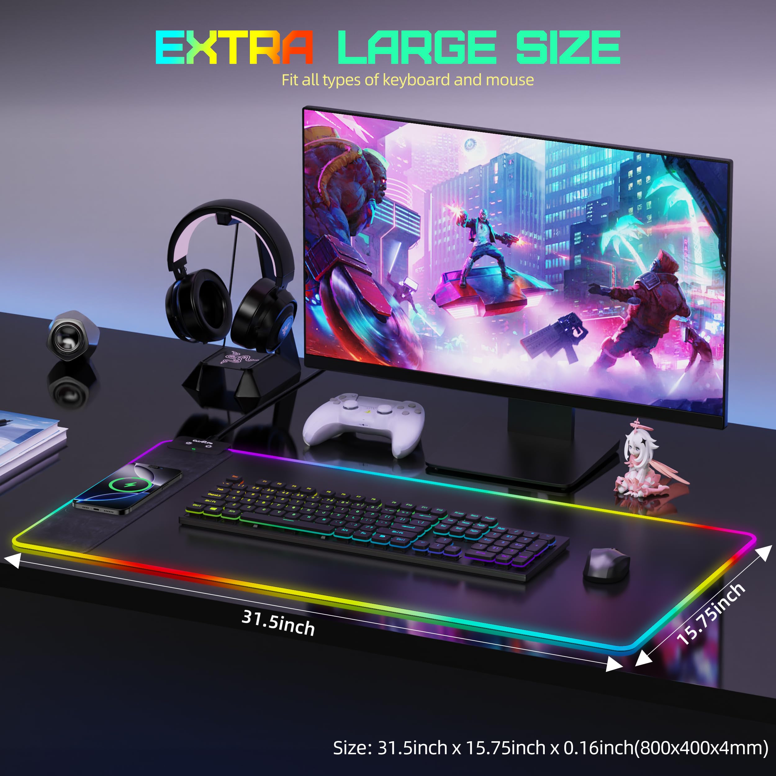 Tappetino per mouse con ricarica wireless, tappetino per mouse da gioco RGB, grande tappetino da scrivania con superficie ultra liscia, tappetino per mouse antiscivolo, tappetino impermeabile per