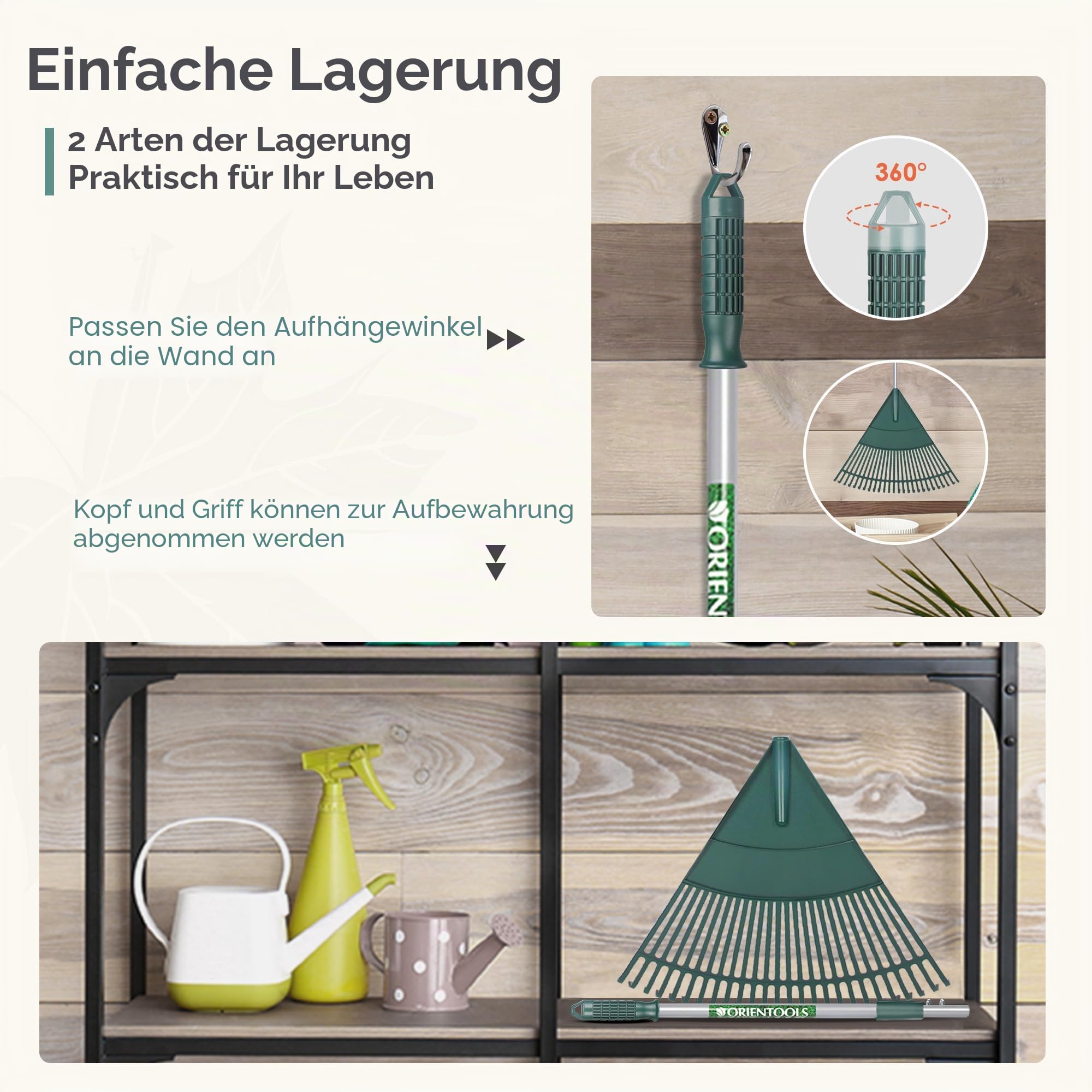 ORIENTOOLS Garten Laubrechen, Garten Rechen für Rasen Laub mit verstellbarem Griff 120 bis 165 cm Rechen, 26 Starke Zinken Kunststoff Kopf Strauch Rechen, Landschaftsbesen für Rasen und Blätter