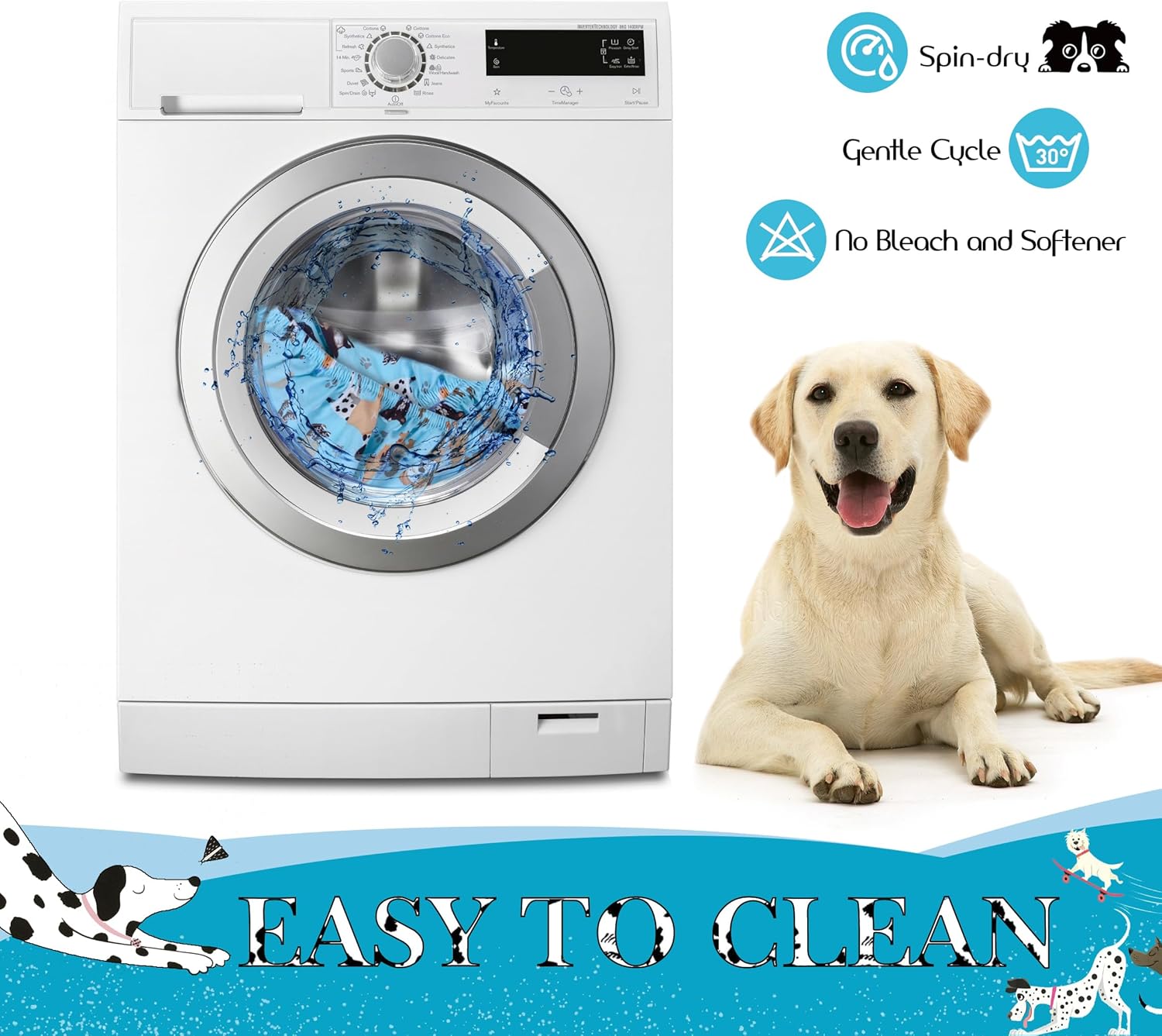 Dog Bed Covers Replacement Washable, Elastic Edged Pet Bed Protector with Cute Dog Pattern Design for Small & Medium Pet Beds, Cover Only (Blue, 36x27x6 Inch)