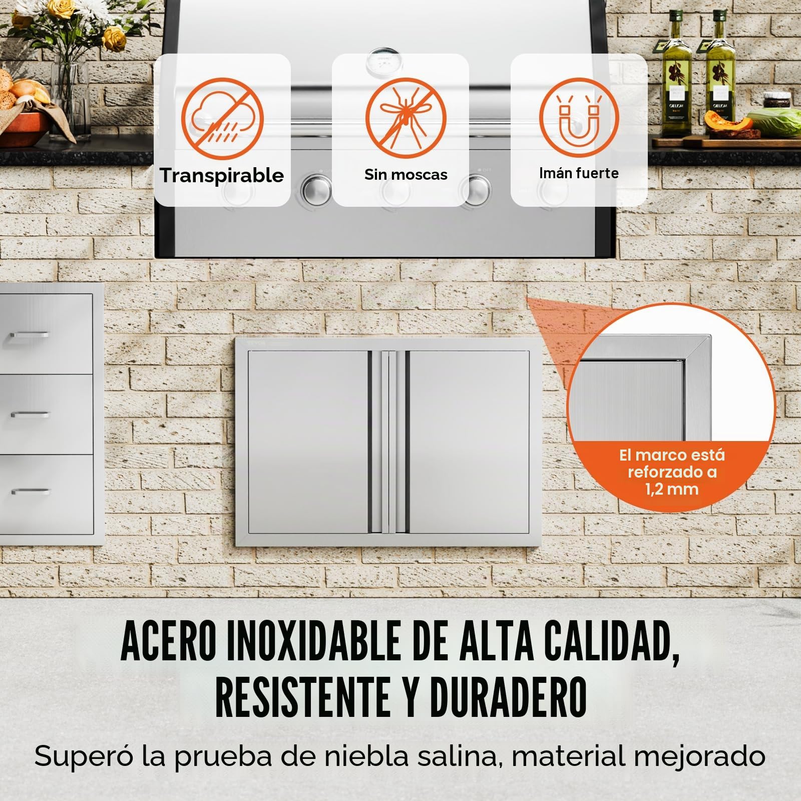 VEVOR Puerta doble de cocina para barbacoa al aire libre, 28x19 pulgadas, puerta vertical acero inoxidable con asas empotradas