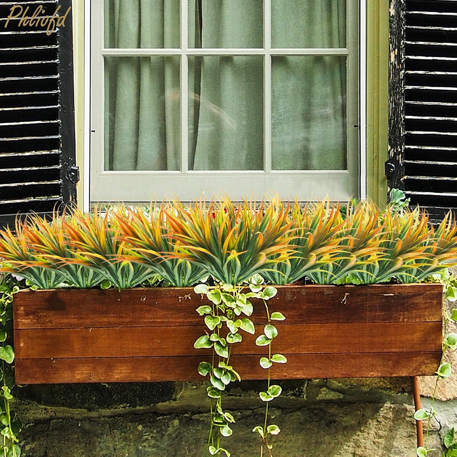 6Pcs Artificial Grass Fake Plants 17.3in Outdoor Plastic Plants UV Resistant Greenery Fake Grass for Home Window Garden Office Patio Hanging Planter Pathway Front Porch Décor Orange Yellow - Image 4