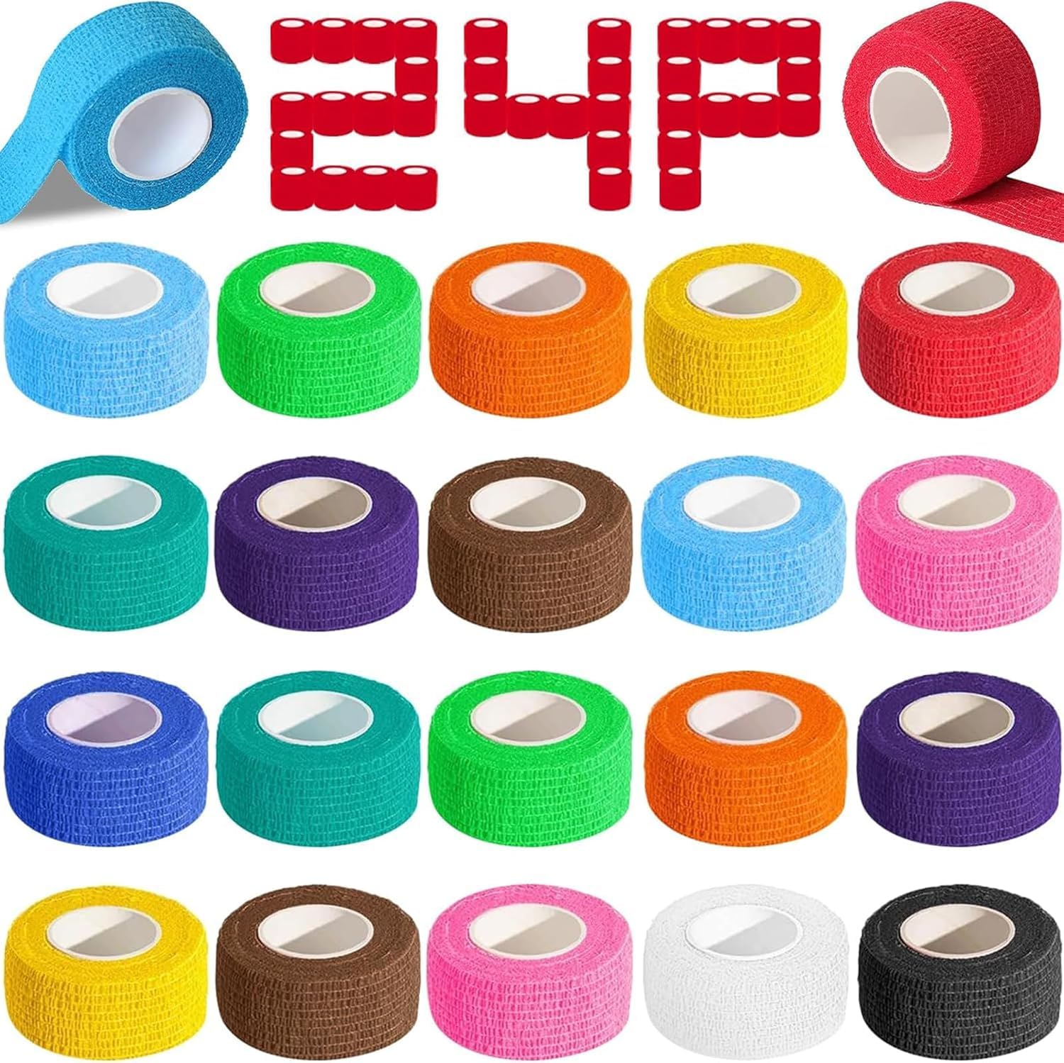 24 Pack 2.5 cm X 4.5 m Self Adhesive Bandages Wrap, Breathable Self Adherent Wrap for Pets, Non Woven First Aid Tape, Elastic Self Adhesive Tape, Athletic Tape for Sports, Wrist, Ankle (24 Colors)