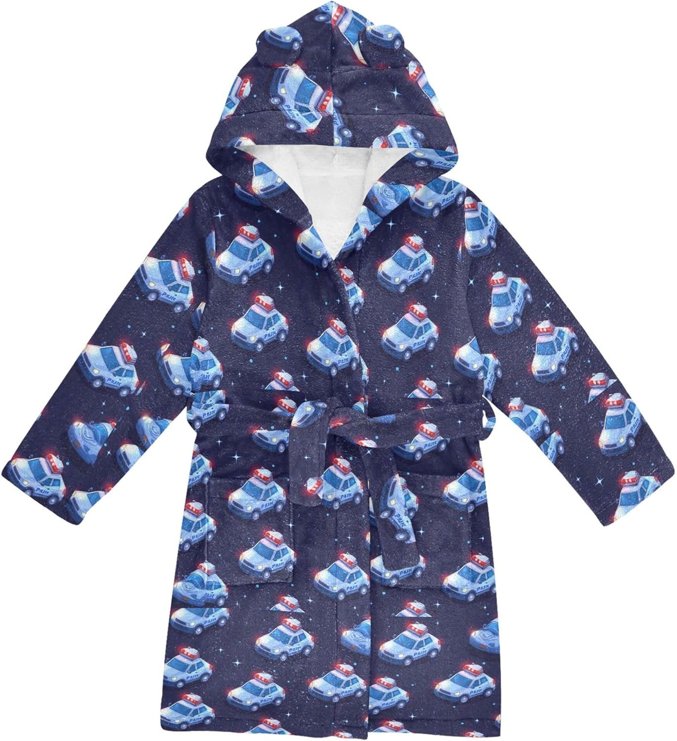 Cute Police Cars Bathrobe Hooded PJ Robe Soft Fleece Robe Pajama Sleepwear 2-12 Years