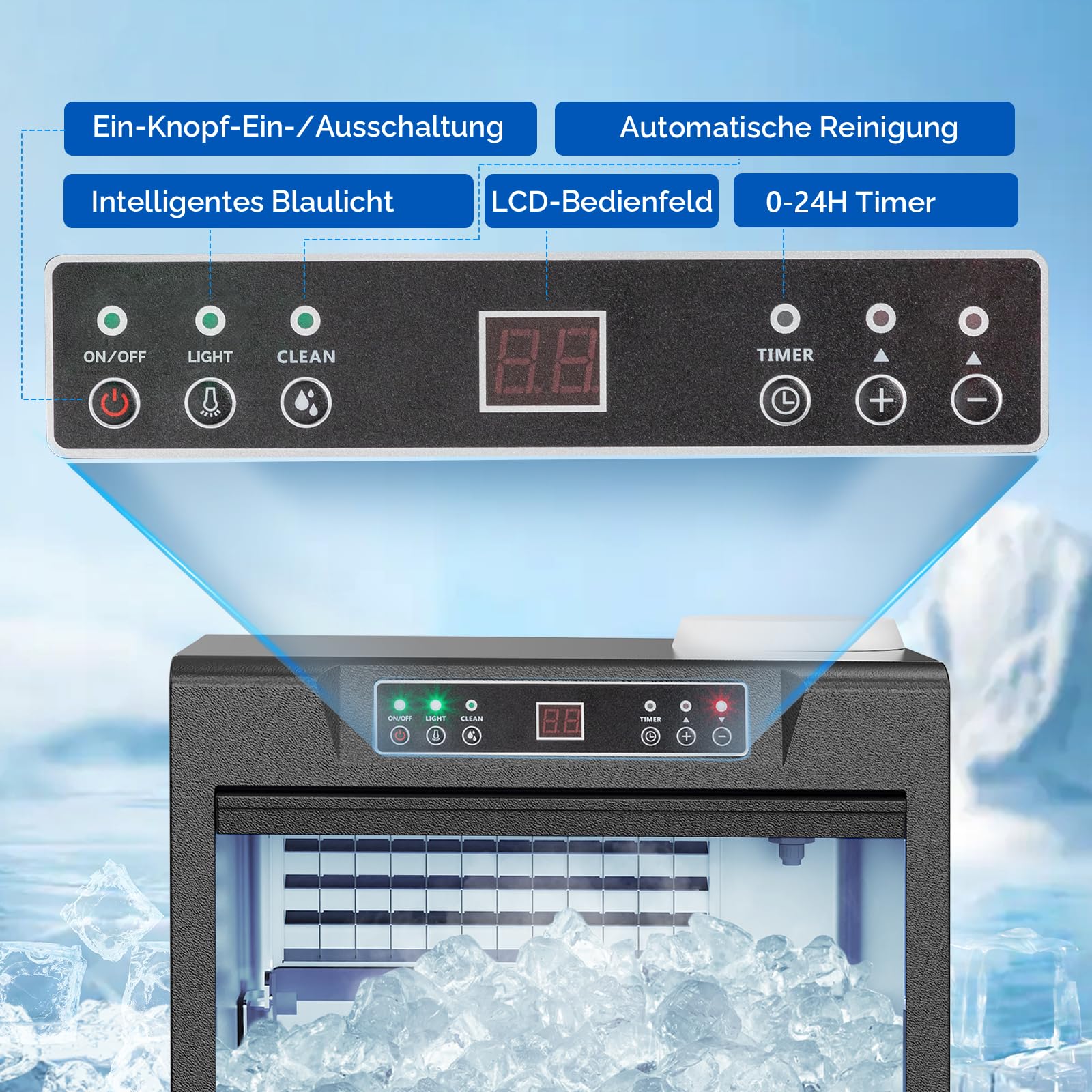 ROVSUN Gewerbliche Eiswürfelmaschine 50 kg/24H Kommerzielle Eismaschine mit Kompressor 50 Stück/14 Min. 23 kg Eislagerkapazität, Eiswürfelbereiter 24H-Timer, LCD-Anzeige, Selbstreinigung