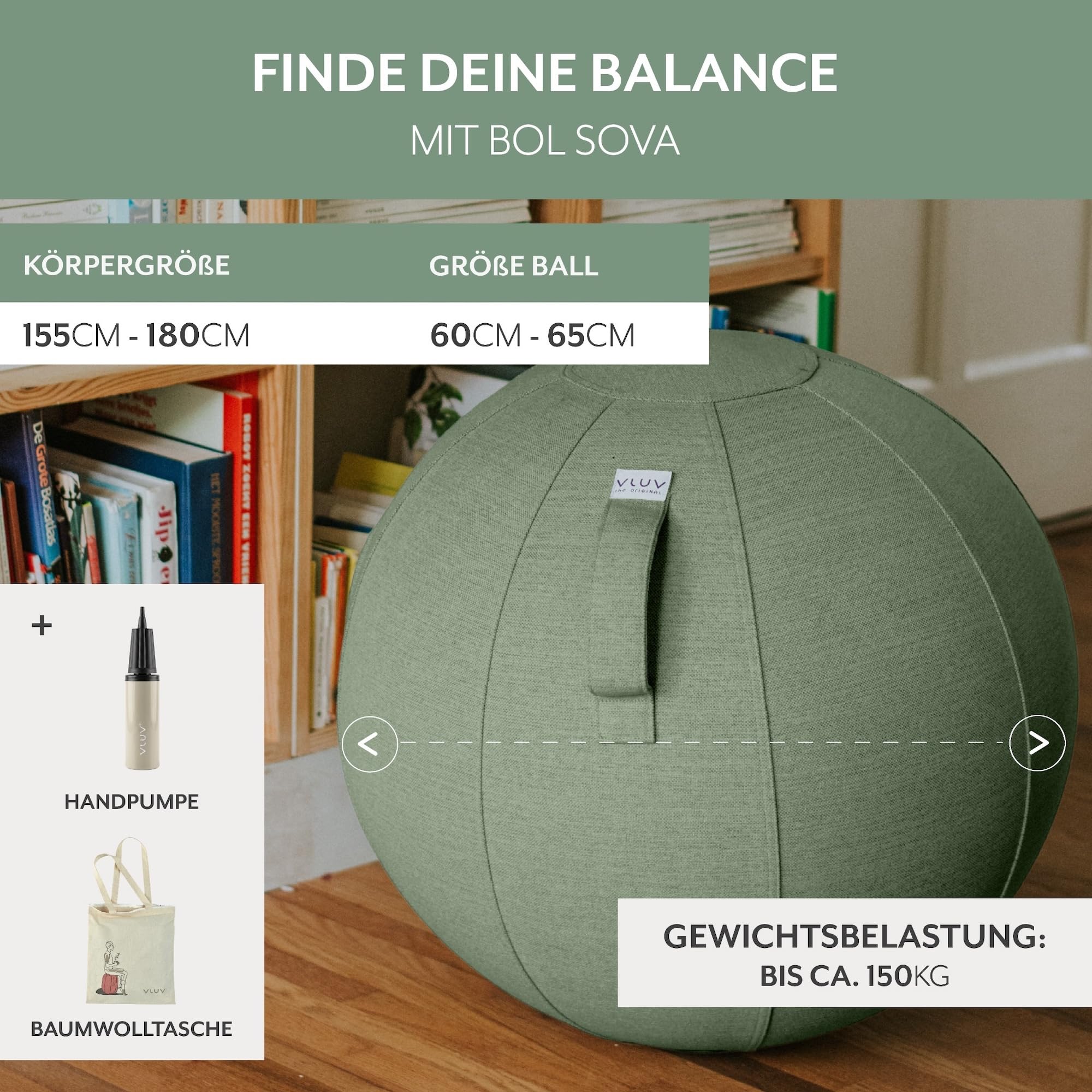 VLUV® BOL SOVA Sitzball Büro ergonomisch - Gymnastikball mit waschbarem Stoffbezug, atmungsaktiv, Tragegriff und Wegrollschutz - für Schwangerschaft und Home Office - Beige - 60cm bis 65cm
