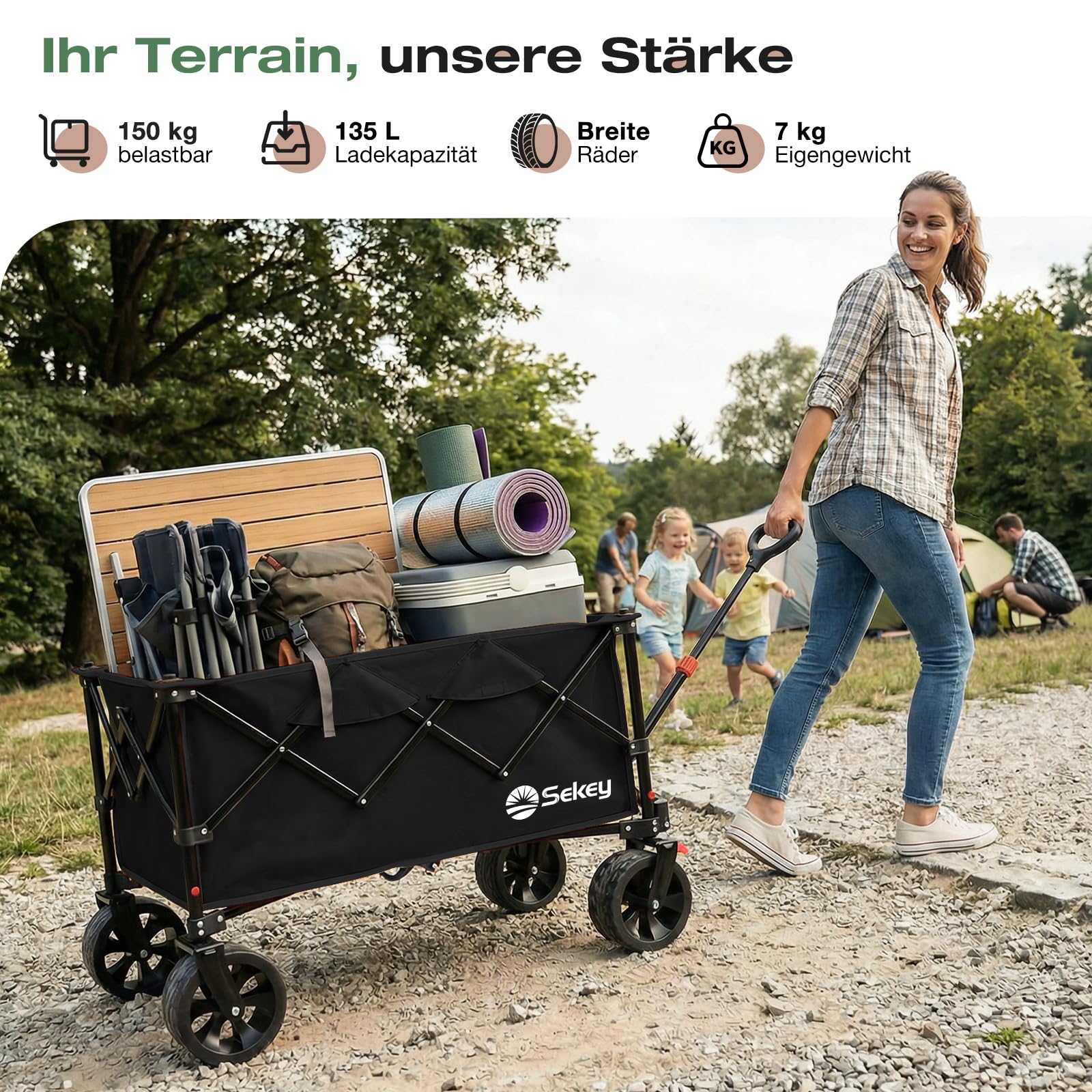 Sekey XXL Bollerwagen Faltbar 135L 150KG Belastbar, Leichter Faltbollerwagen mit Breite 17x8,5cm Räder Handwagen mit Bremse, Patentiert 4-Wege-Sofortaufbau Transportwagen, 4031 All Terrain, Schwarz