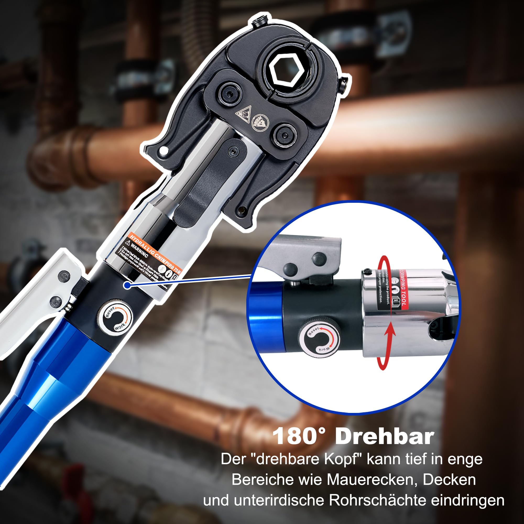AMZCNC Rohrpresszange V Kontur 5 Pressbacken 12-28mm 80kN | Für Installateure & SHK Profis 360° schwenkbarer Presskopf für enge Arbeitsbereiche