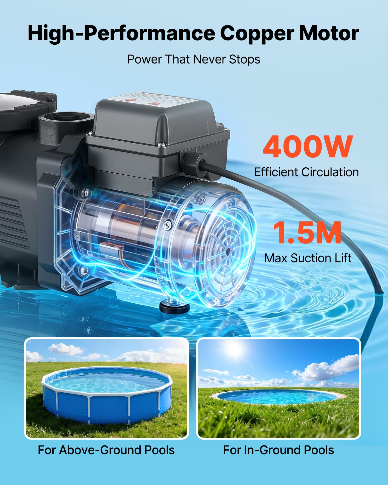 VEVOR Bomba para Piscina 400 W Caudal Máximo de 11100 L/H Bomba de Filtración para Piscina de Una Sola Velocidad, CA 220-240 V, Altura de Elevación Máxima de 10 m, con Temporizador de 24 Horas