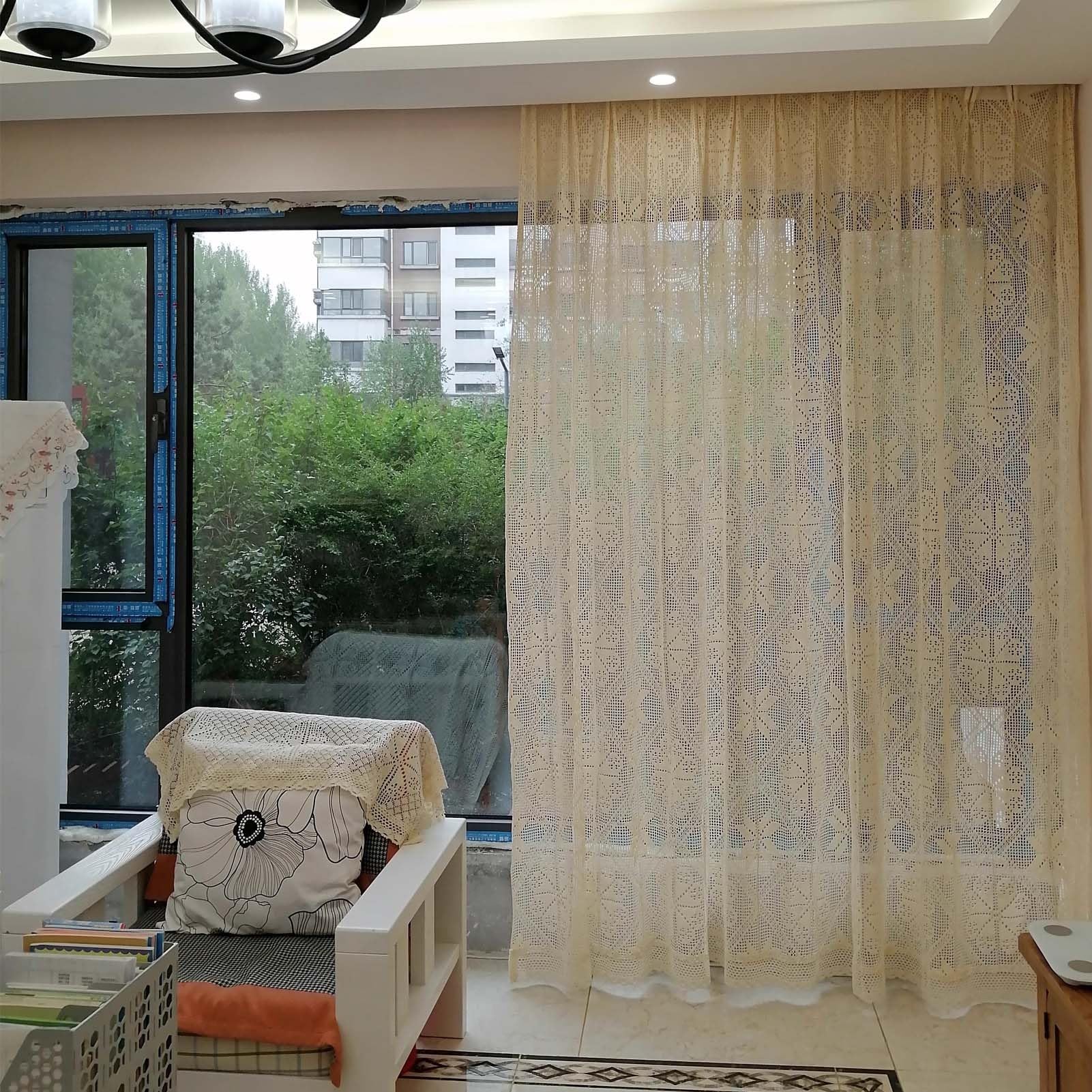 Rideau Transparent en Dentelle Bohème, Rideaux de Fenêtre en Coton Et Lin avec Passe-Tringle, Rideau à Motif Géométrique Rustique Beige avec Pompon pour Salon, Chambre à Coucher, 1 Panneau