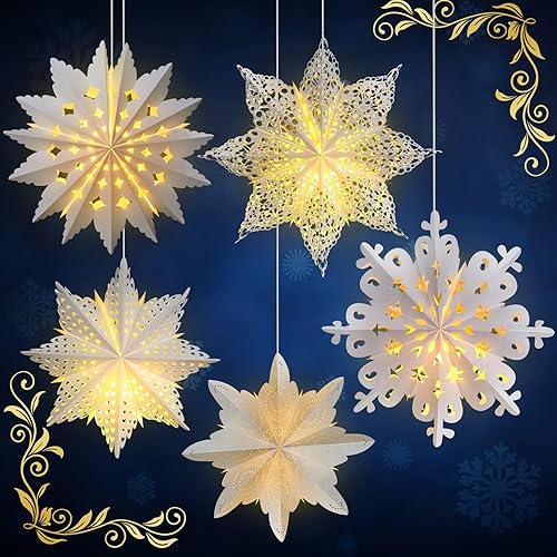 Mudder 5 Piezas Faroles Grandes de Papel de Copo de Nieve de Navidad con 7 Luces de 23.6/17.7 Pulgadas, Lámpara Colgante 3D de Papel de Estrella