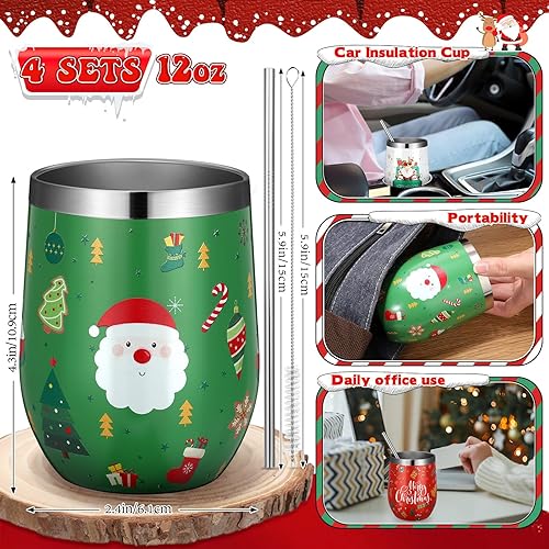 Miniatura 2 de Umigy 4 vasos de vino de Navidad con tapa para popote y cepillo, vaso aislado de acero inoxidable de 12 onzas, taza de café de viaje para recuerdos