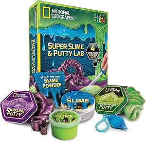 NATIONAL GEOGRAPHIC Super Slime & Putty Lab - 2 Types of Amazing Slime + 2 Types of Putty including Sparkling Putty, Fluffy Slime and Glow-in-the-Dark Putty