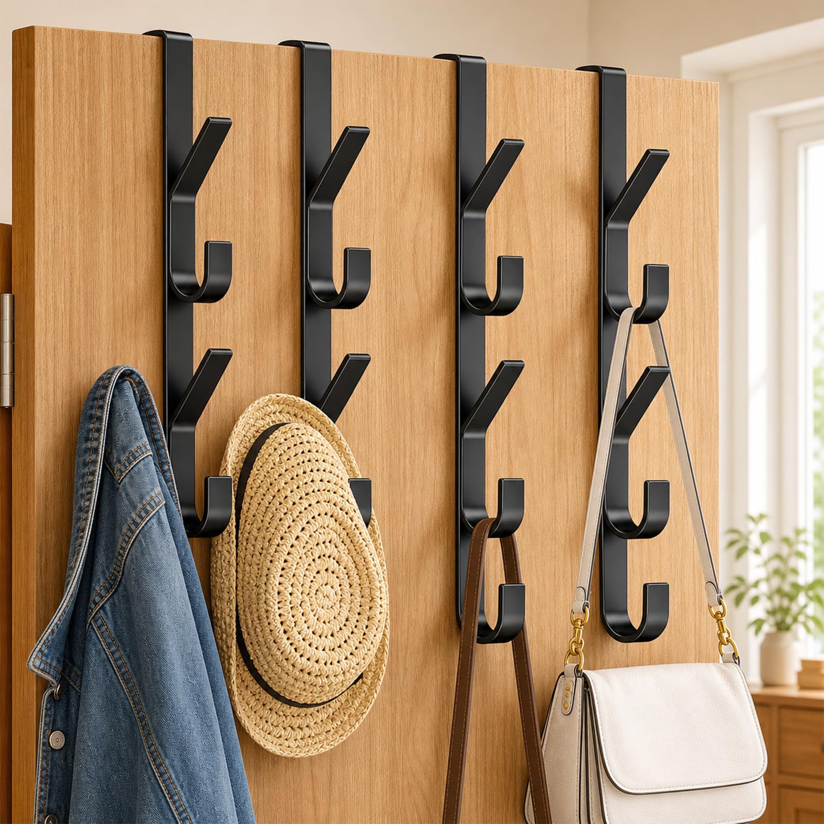 Lethra 4 PCS x 5 Hooks Over Door Hanger, No Drilling Door Hangers, Space Saving Door Hooks for Clothes, Coats, Hats, Bags (Black)