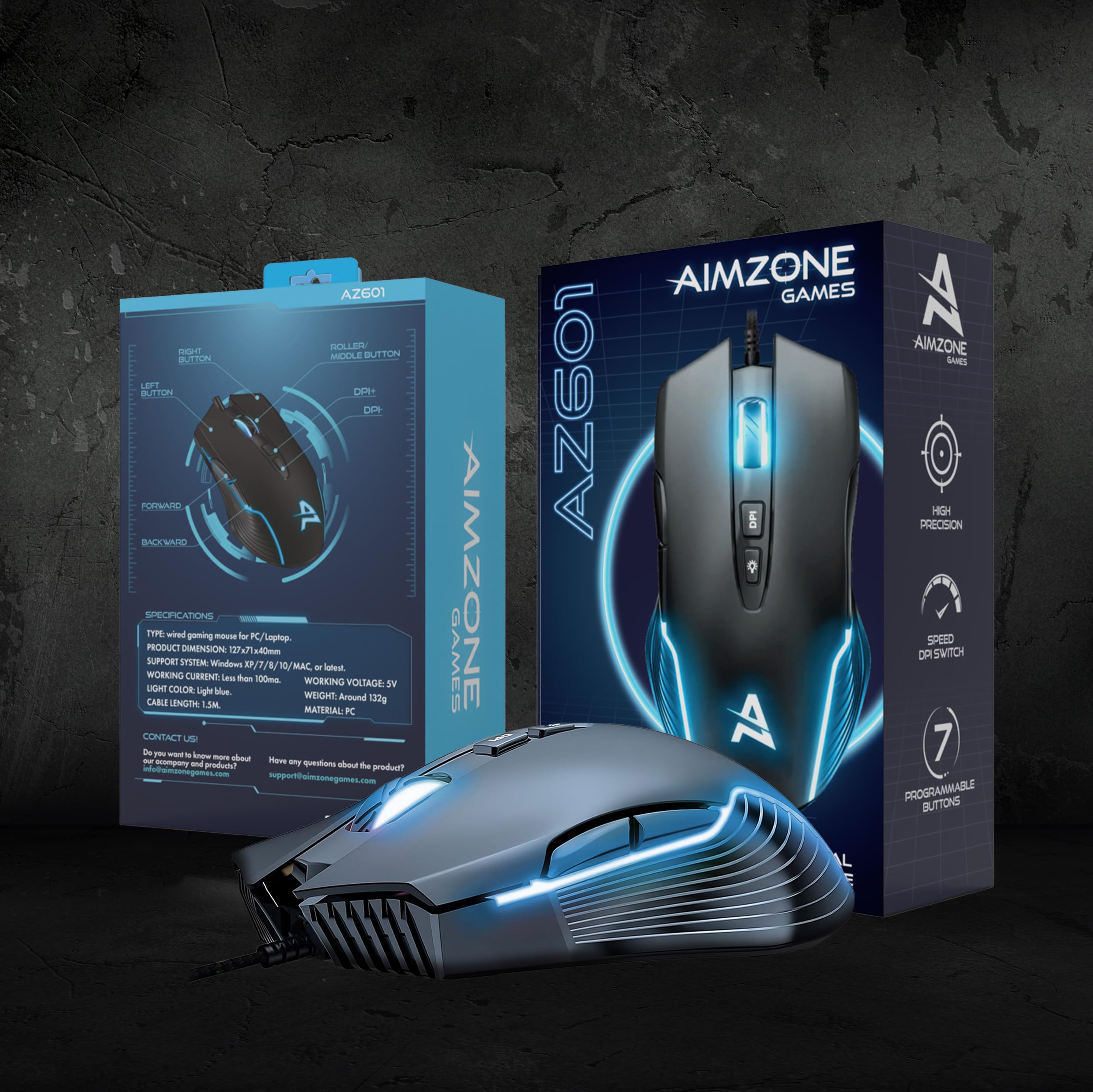 Aimzone - Ratón para juegos con cable LED, ratones con cable, DPI ajustable hasta 6400, ergonómico, 7 botones programables, totalmente compatible, ratón negro para jugadores con luz