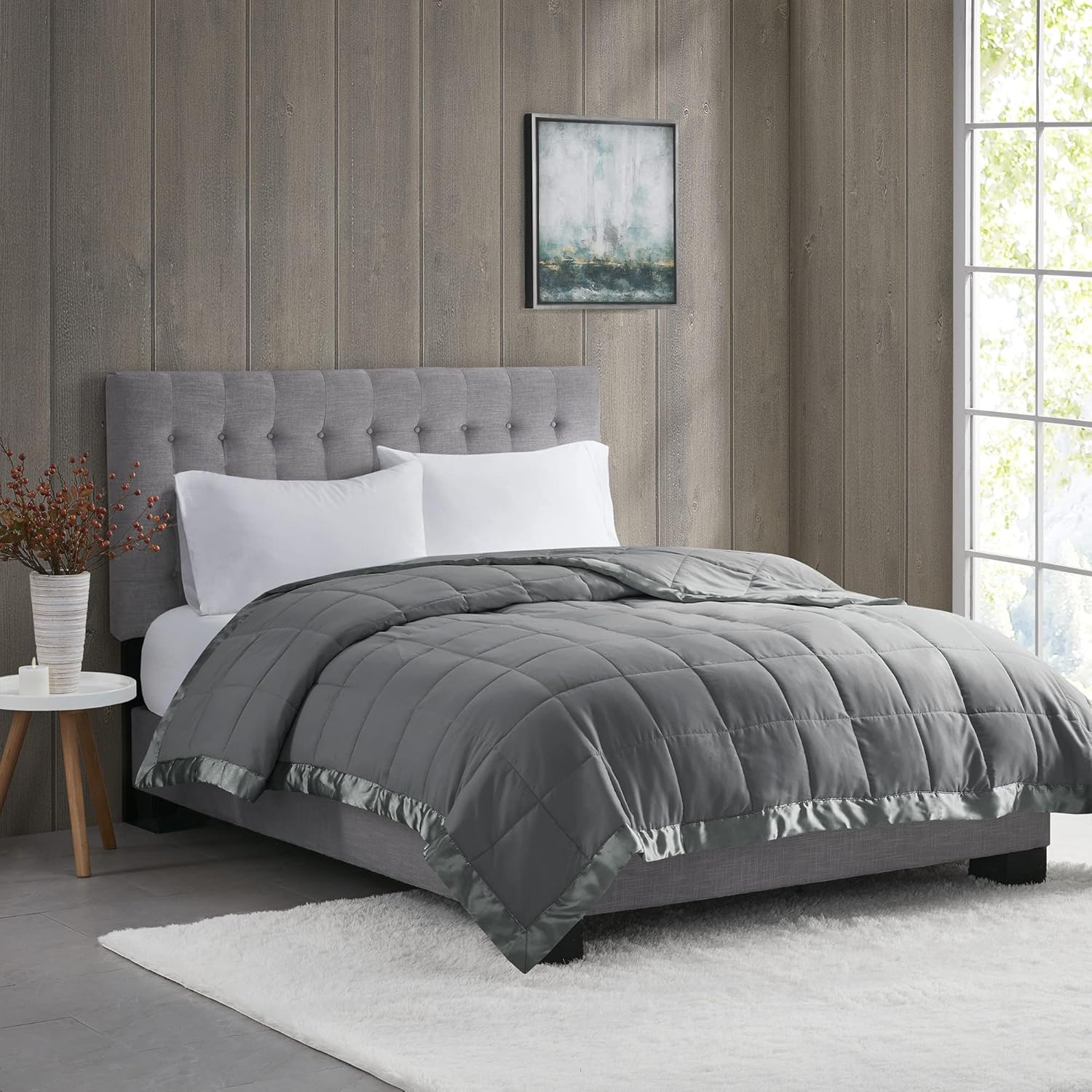 Madison Park Windom Down Alternative Blanket, Premium 3M Scotchgard Moisture Wicking Treatment, Lightweight and Soft Bed Cover For All Season, Satin Trim, Charcoal Twin