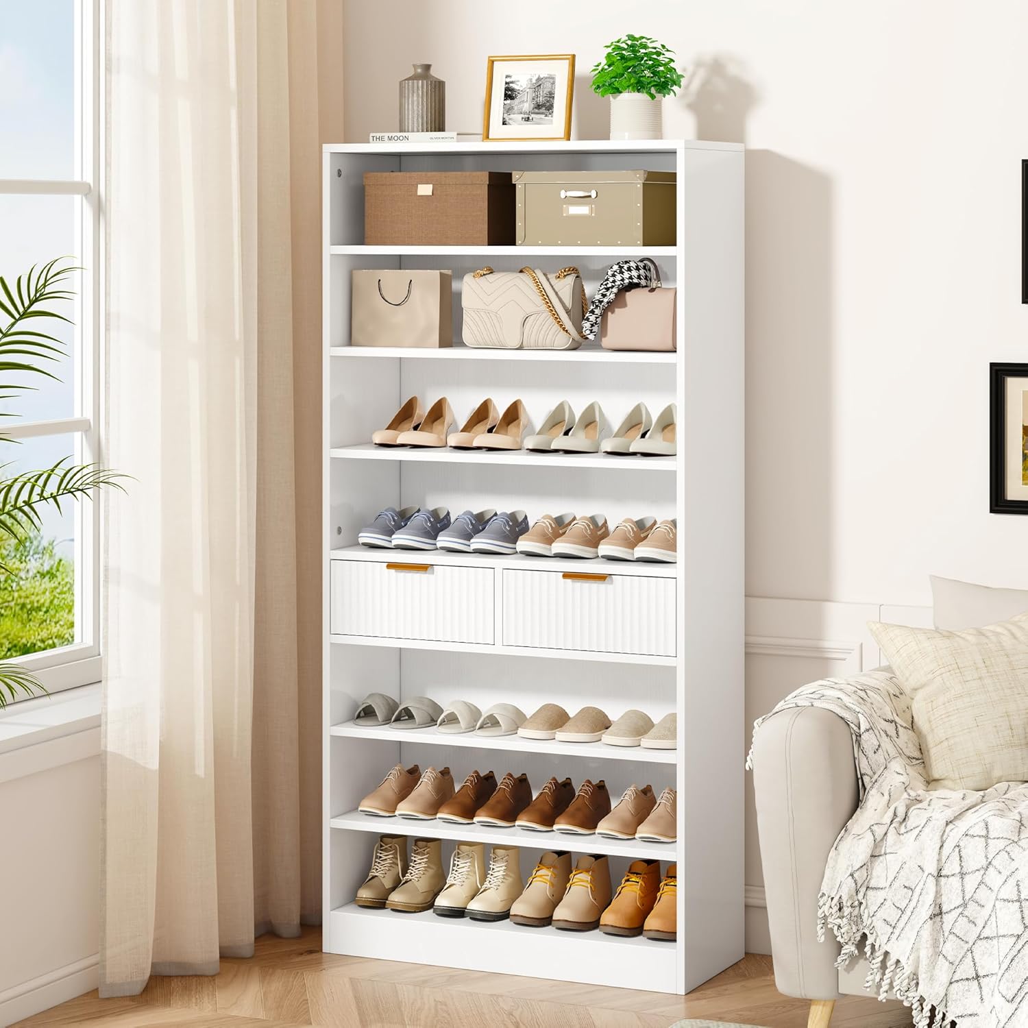 Shoe Storage Cabinet, 67" Tall Shoe Organizer Cabinet for Entryway, 7 Tier Vertical Free Standing Shoe Rack for Door, Wood Shoe Rack with 2 Drawers for Closet, Hallway, White