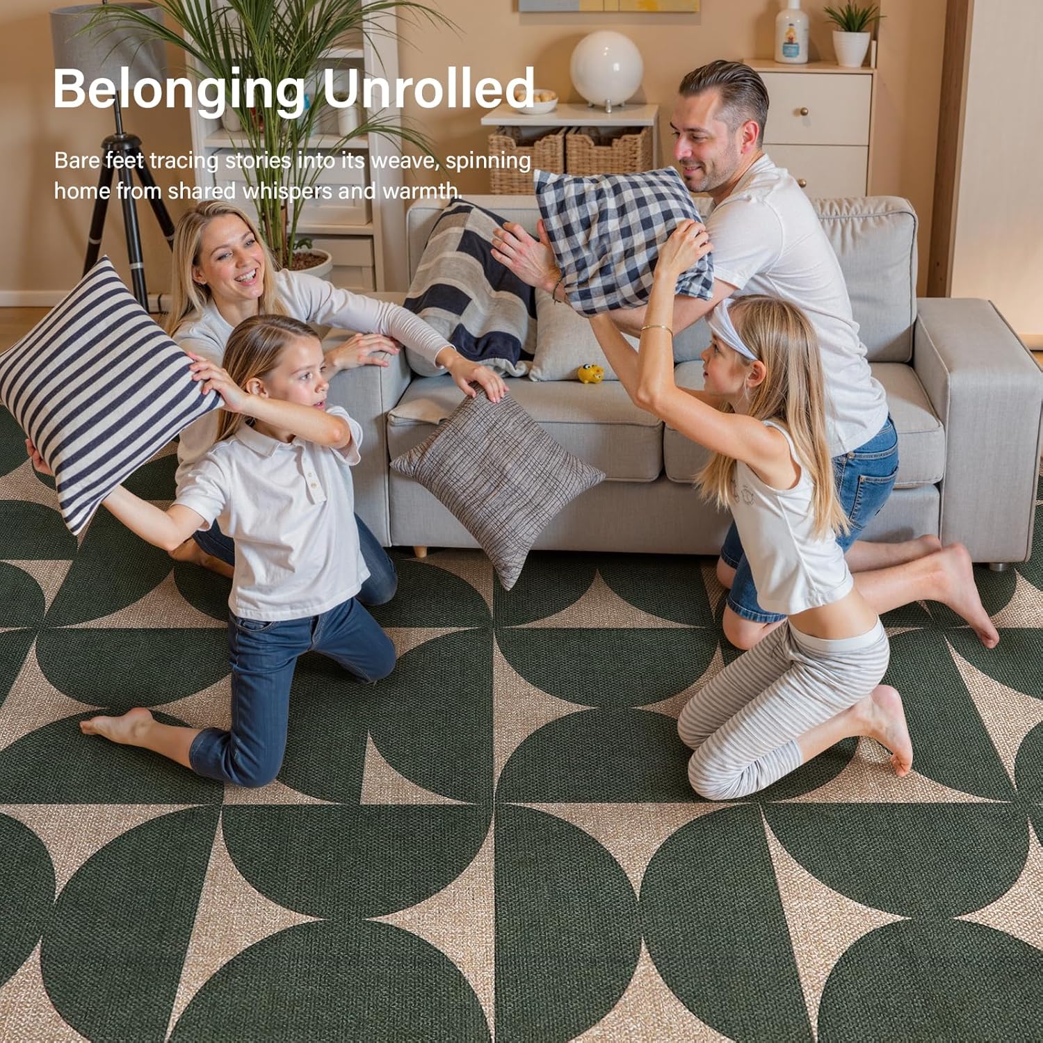 Lahome Modern Geometric Easy Jute 5x7 Washable Green Outdoor Rug, Non Shedding Woven Carpets for Living Room, Neutral Semi-Circle Non Slip Rug for Classroom Office Backyard