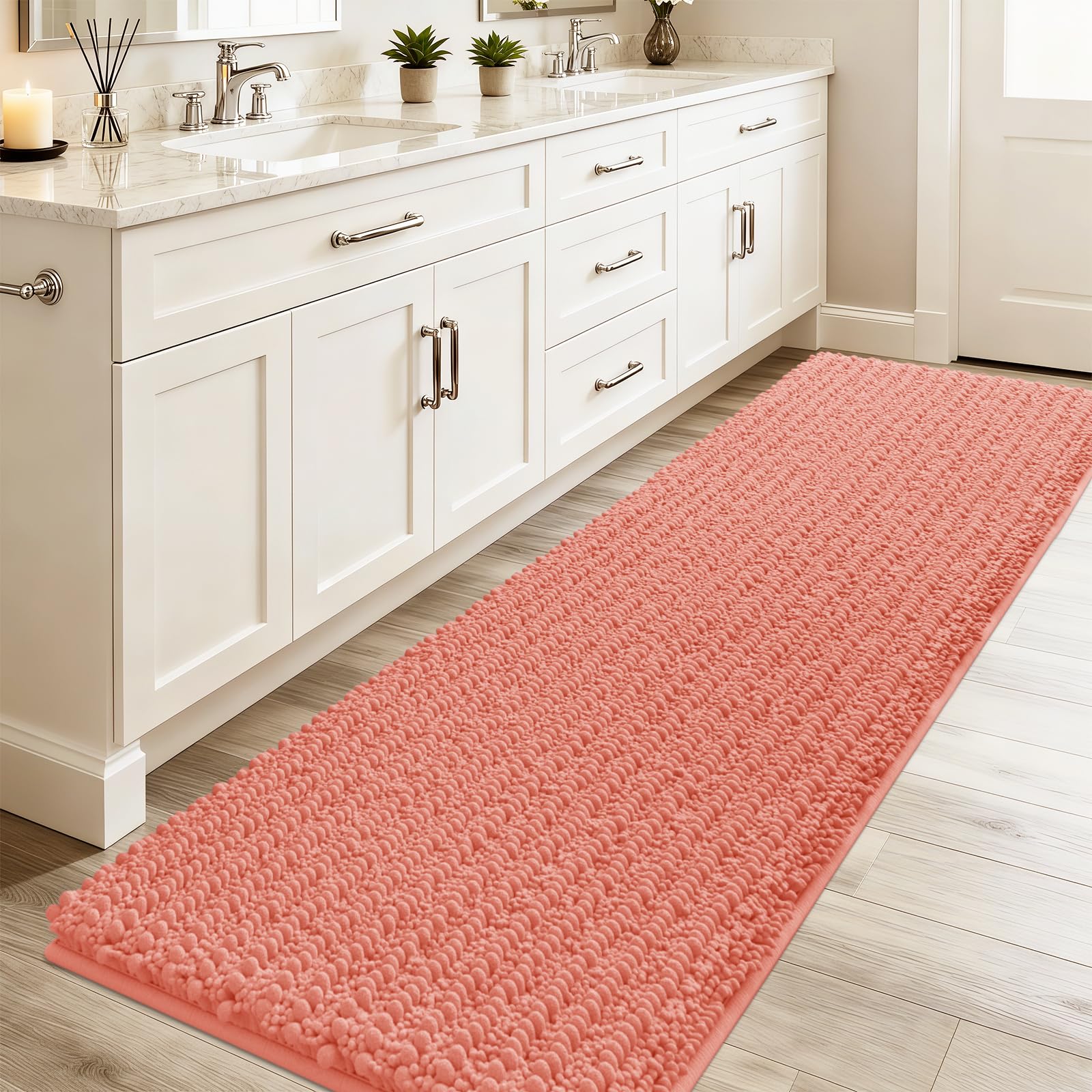 ACCUMTEK Upgrade Luxury Coral Bathroom Rug Mat 59"x20", Ultra Soft Thick Absorbent Bath Mats, Non Slip Chenille Toilet Mat for Bathroom, Bedroom,