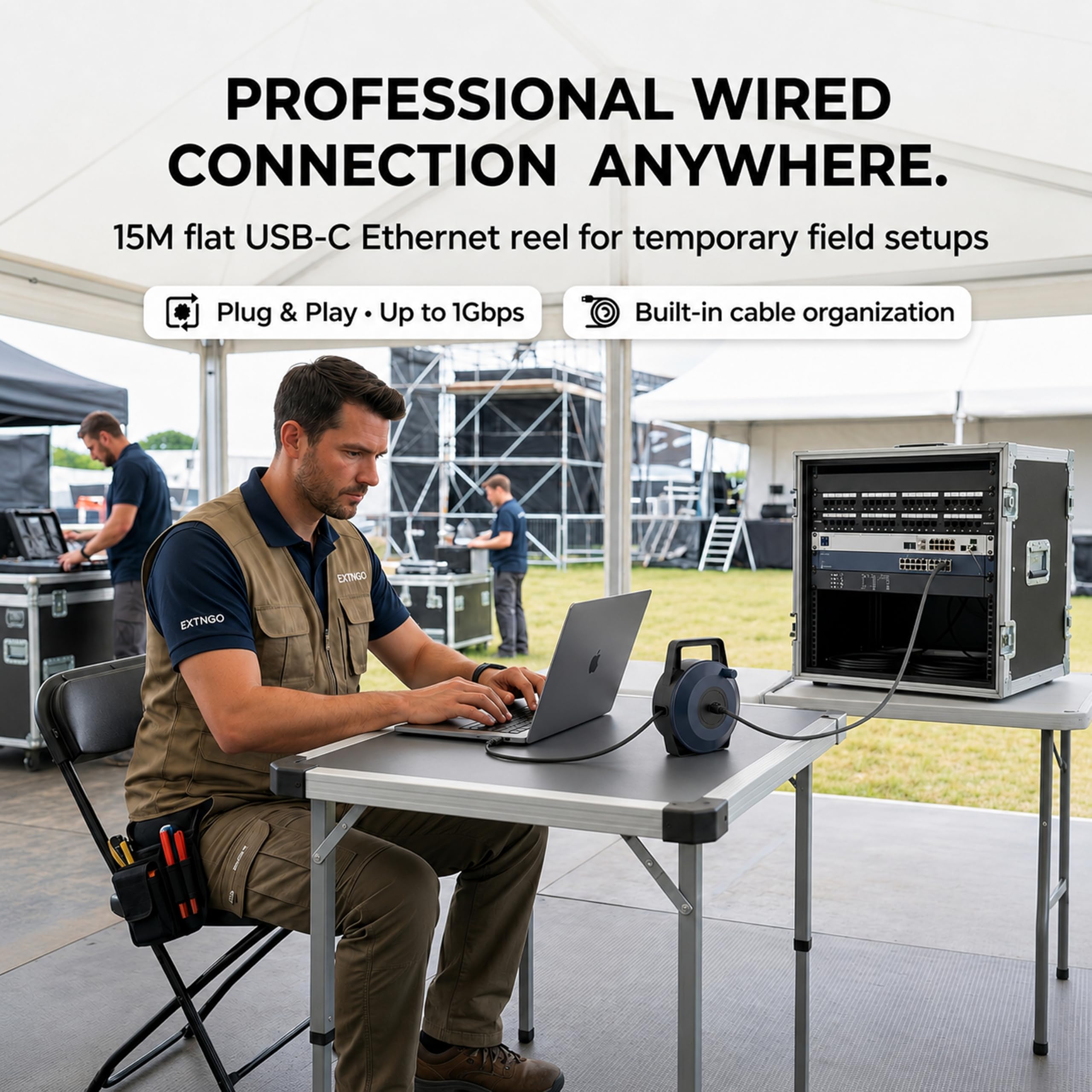 Kołowrotek kabla USB-C (typ C) na Ethernet, 15 m CAT6 Tough-Flat™, do 1 Gb/s, Plug & Play, bezpieczny dla ciężarówek, chowany kabel do tymczasowej konfiguracji