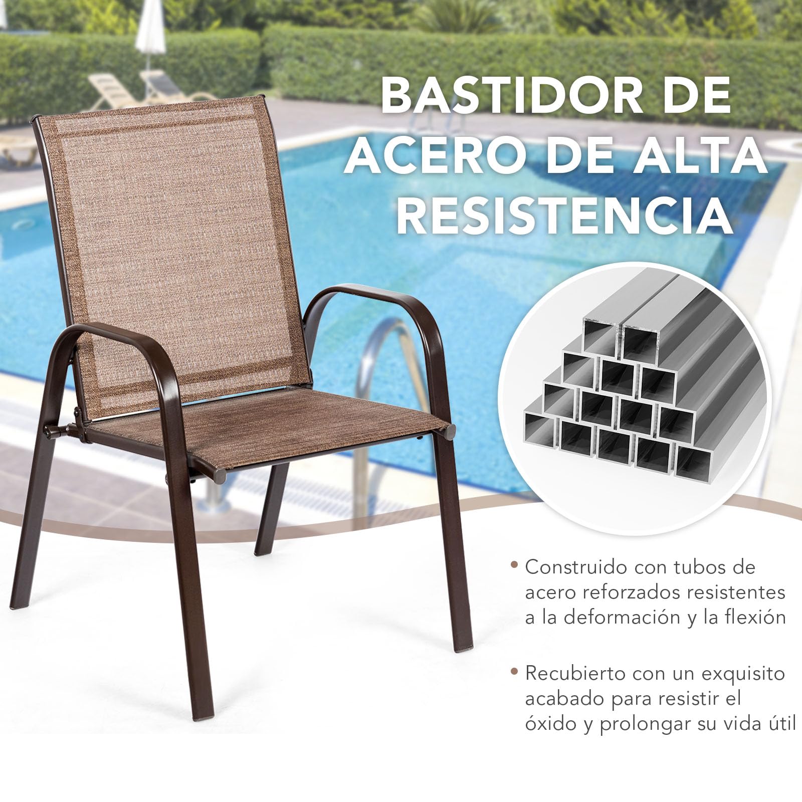 GIANTEX Juego de 2 Sillas Apilables de Jardín, Sillas de Patio con Reposabrazos y Respaldo Alto, 56 x 72 x 90 cm, Sillas de Comedor para Piscina, Terraza, Jardín (Marrón)