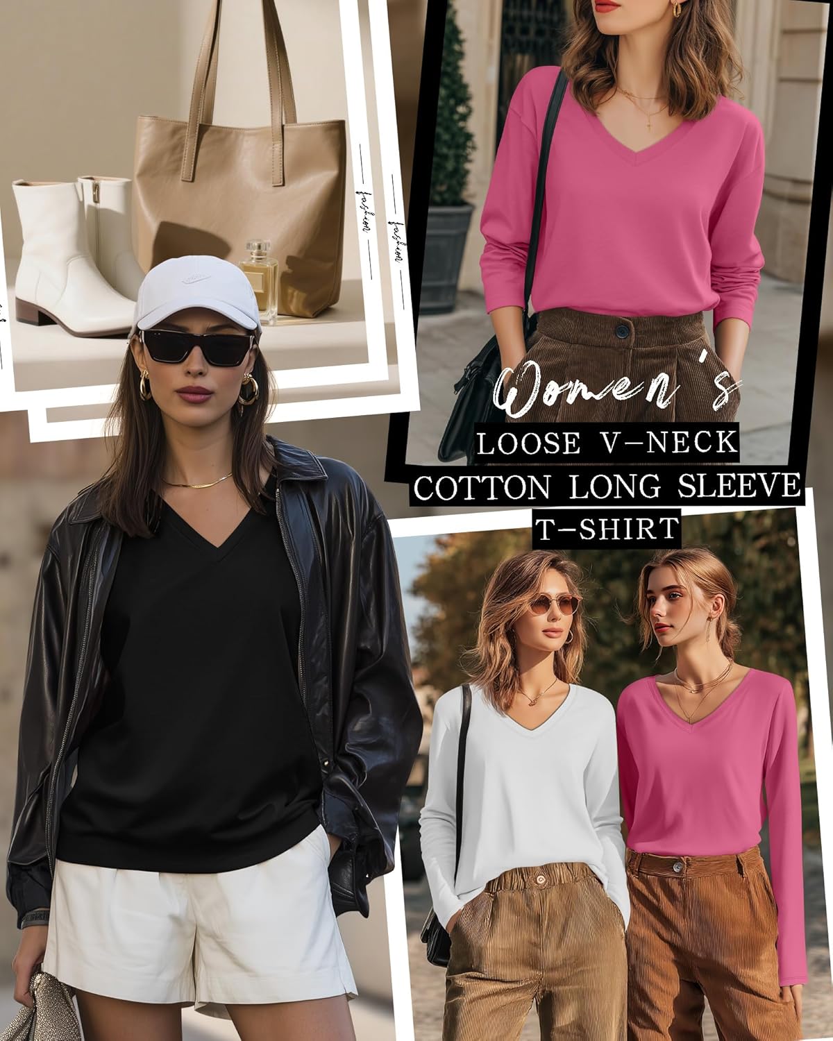 Ficerd 3 Pack Women's Long Sleeve Shirts, V Neck Cotton Blend Tops Loose Fit Casual T-Shirts Curved Hem Basic Layering Tees - Image 3