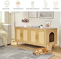 Vista 7 de Homhedy Caja de arena bohemia para gatos para 2 gatos, muebles de madera para baño de gatos con puertas decoradas de ratán doble, casa de mascotas