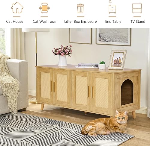 Miniatura 7 de Homhedy Caja de arena bohemia para gatos para 2 gatos, muebles de madera para baño de gatos con puertas decoradas de ratán doble, casa de mascotas,